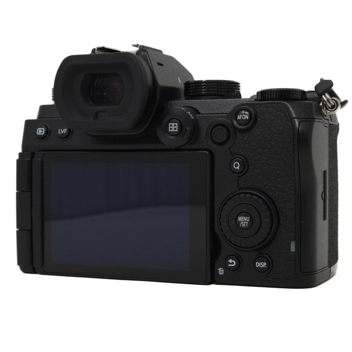 Black camera body with control buttons on a white background