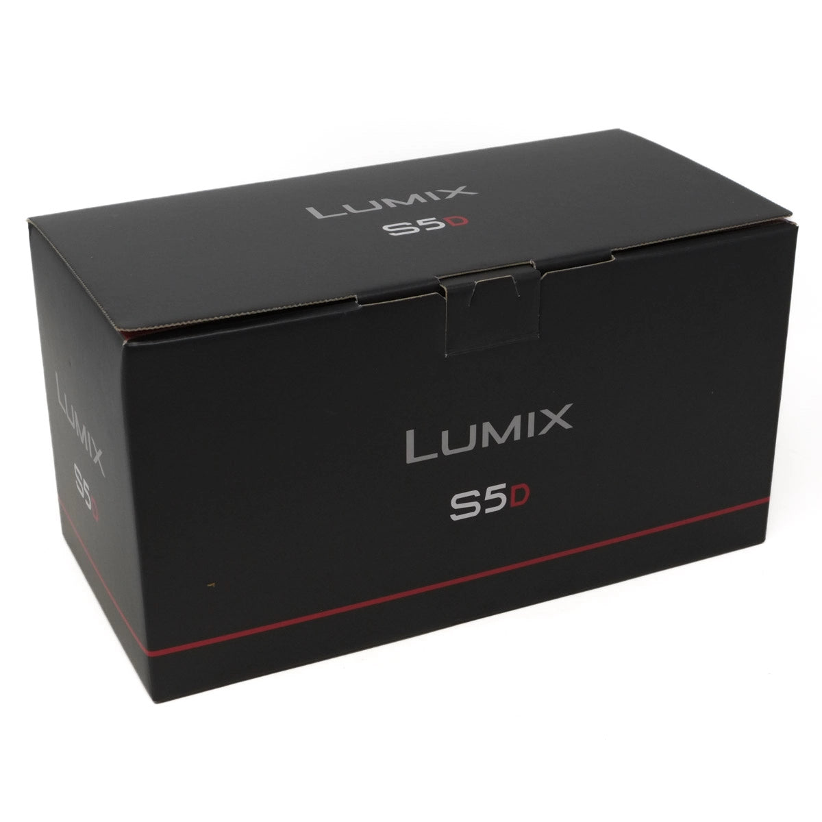 Black box with 'LUMIX S5D' branding on a white background