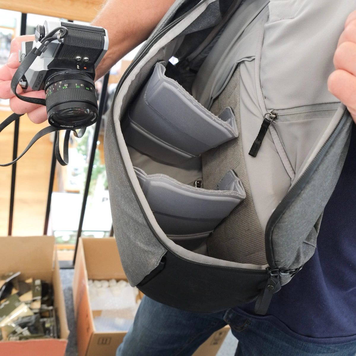 Used Peak Design Everyday Back Pack 30L Charcoal V1 - side angle (open)