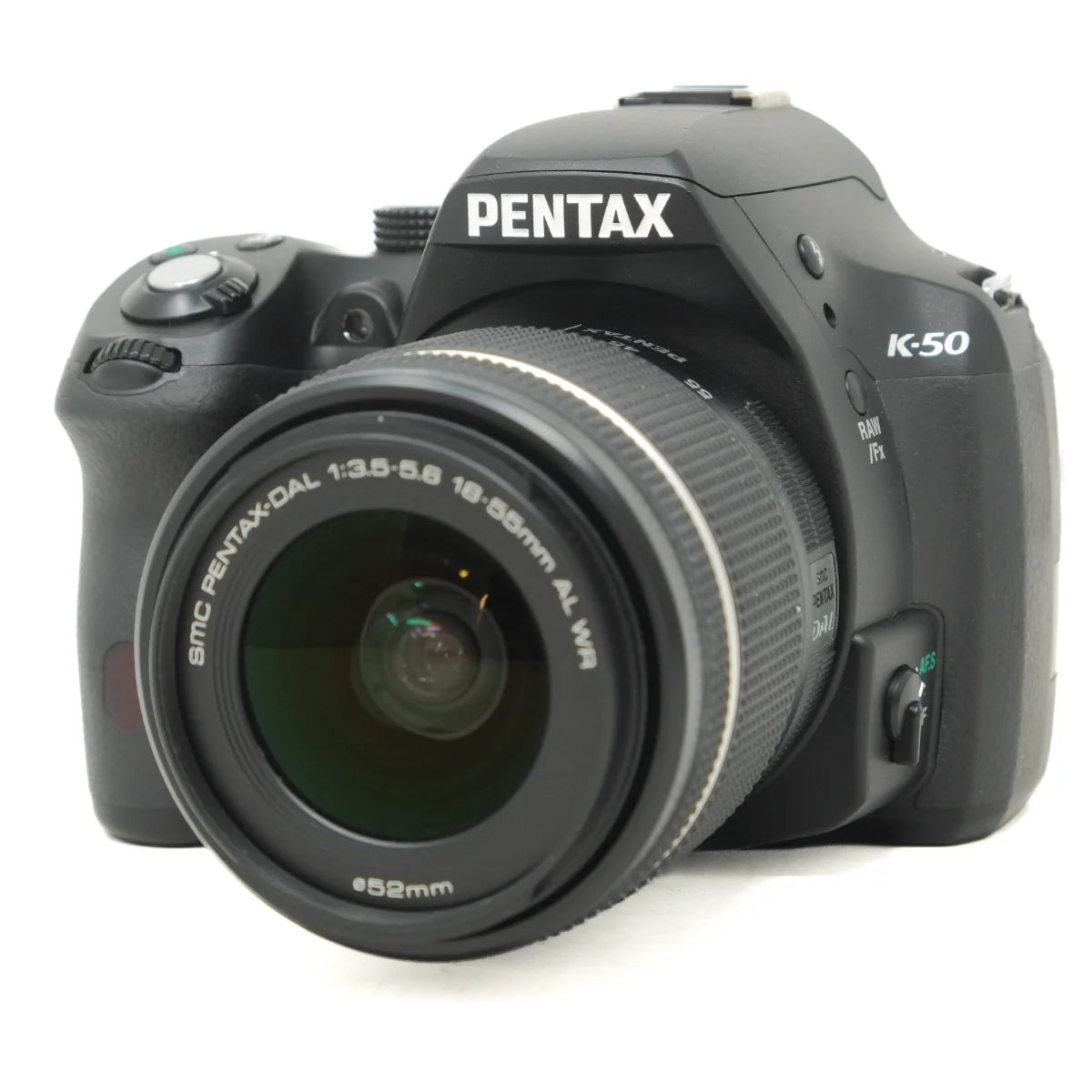 Used Pentax K-50 DSLR camera with Pentax 18-55mm WR Lens - front angle