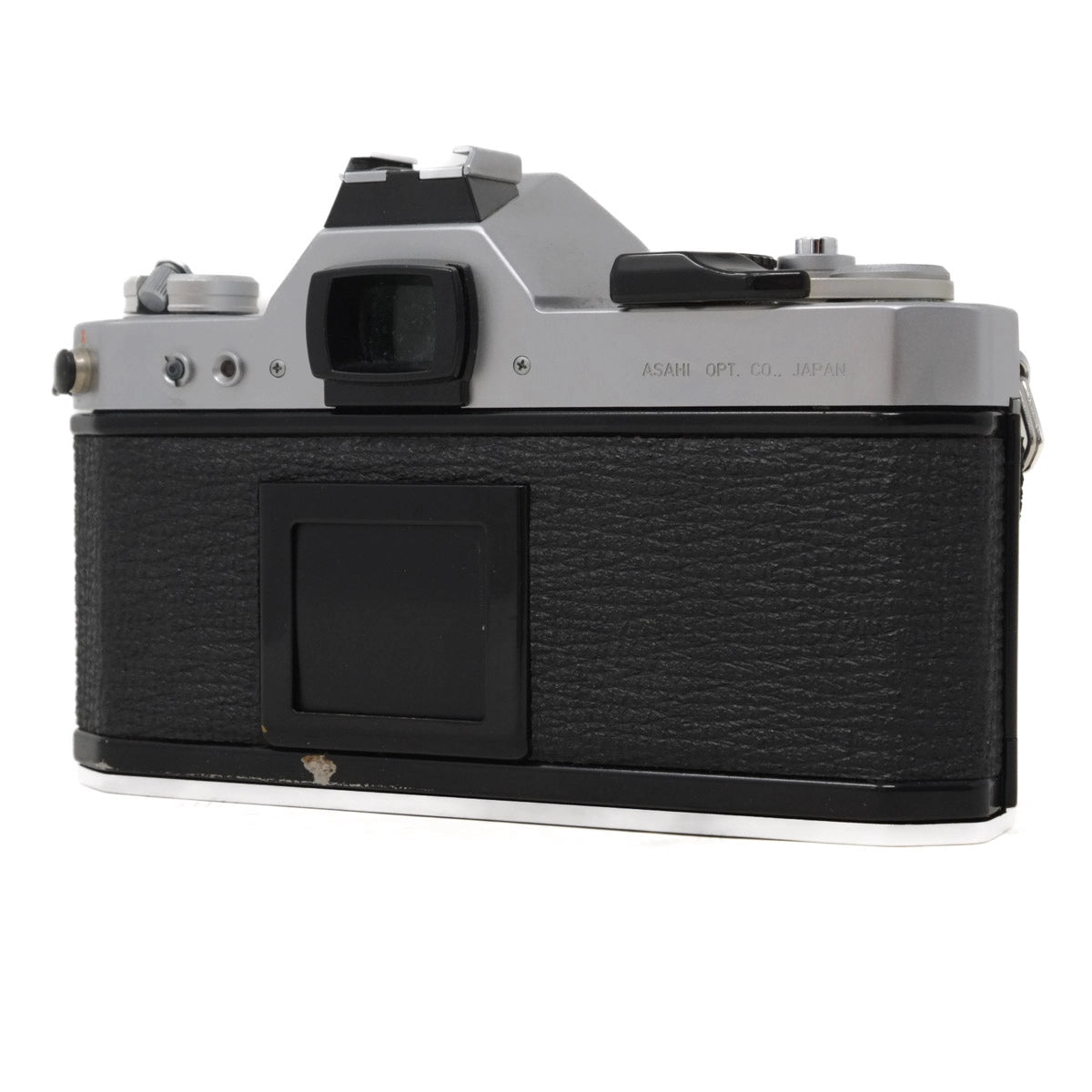 Vintage camera with black and silver design on a white background