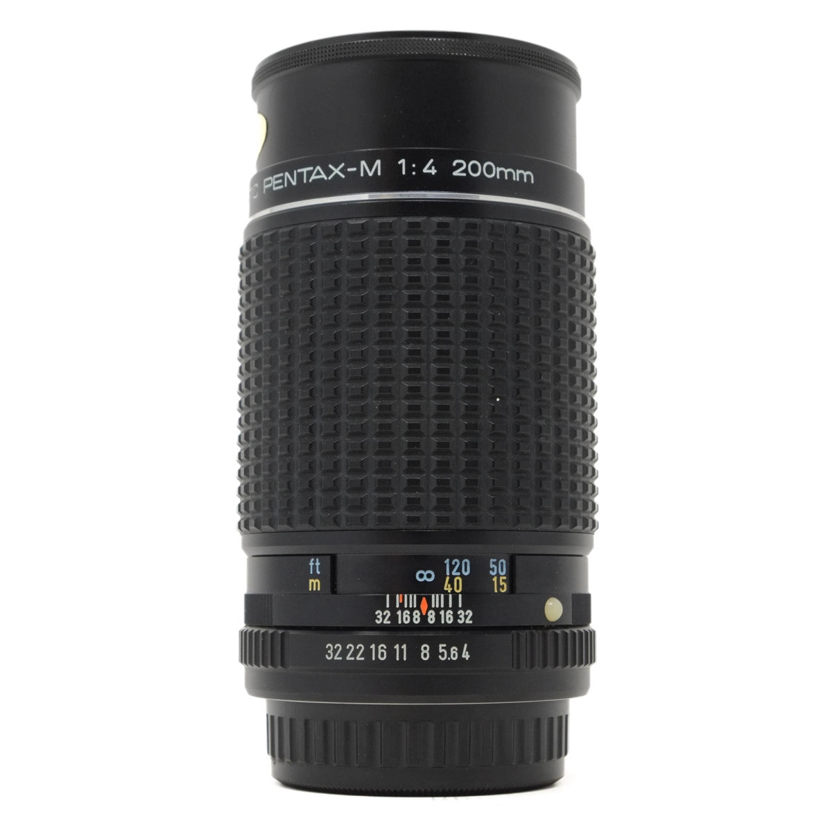 Black camera lens with text on a white background