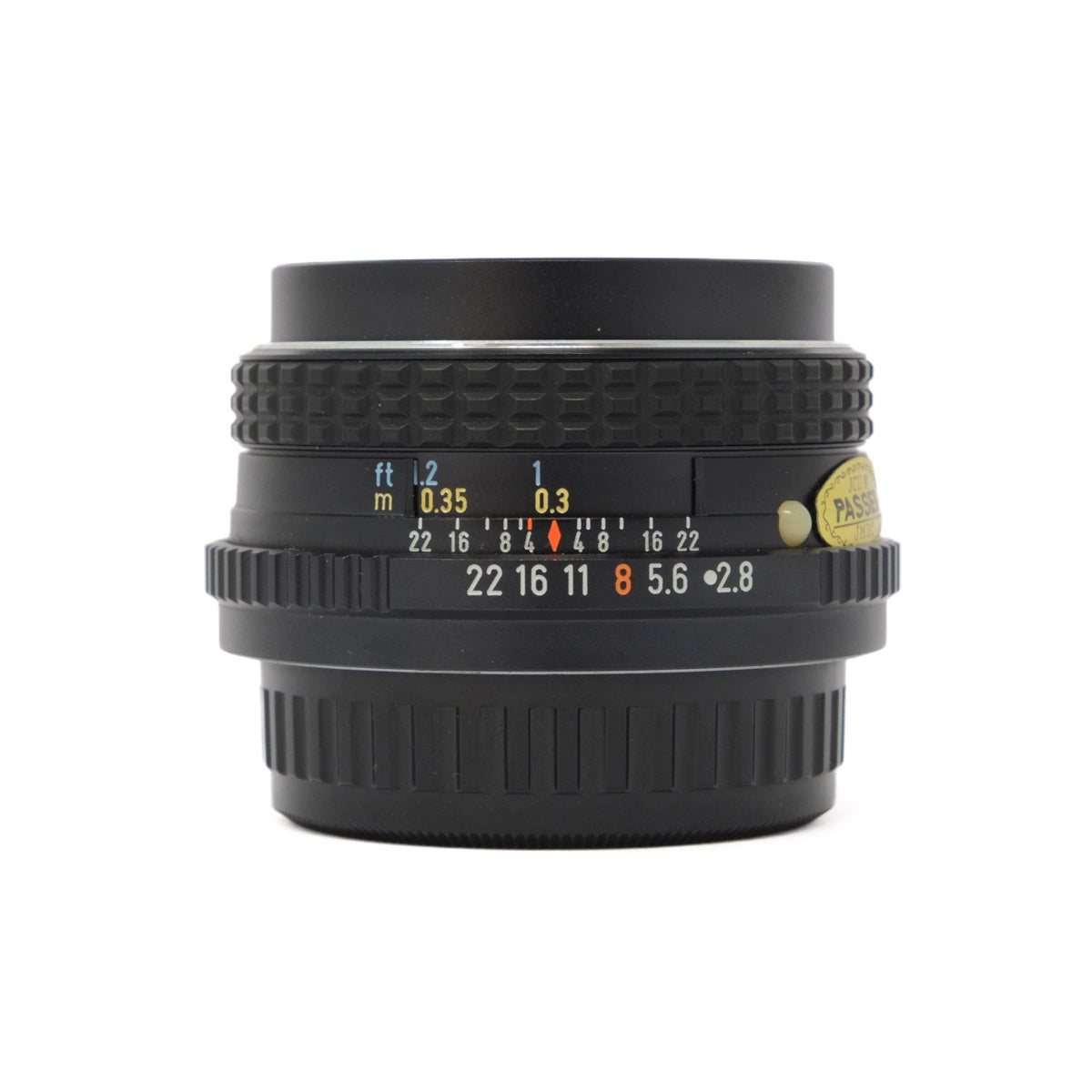 Camera lens with focus and aperture indicators on a white background
