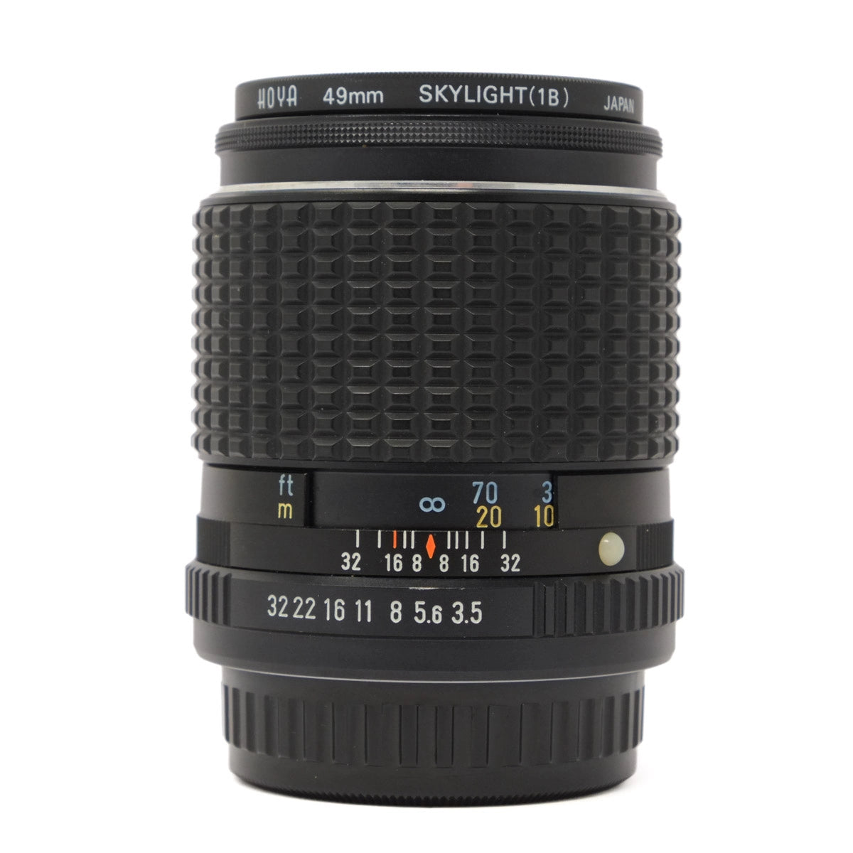 Camera lens with text and numbers on a white background