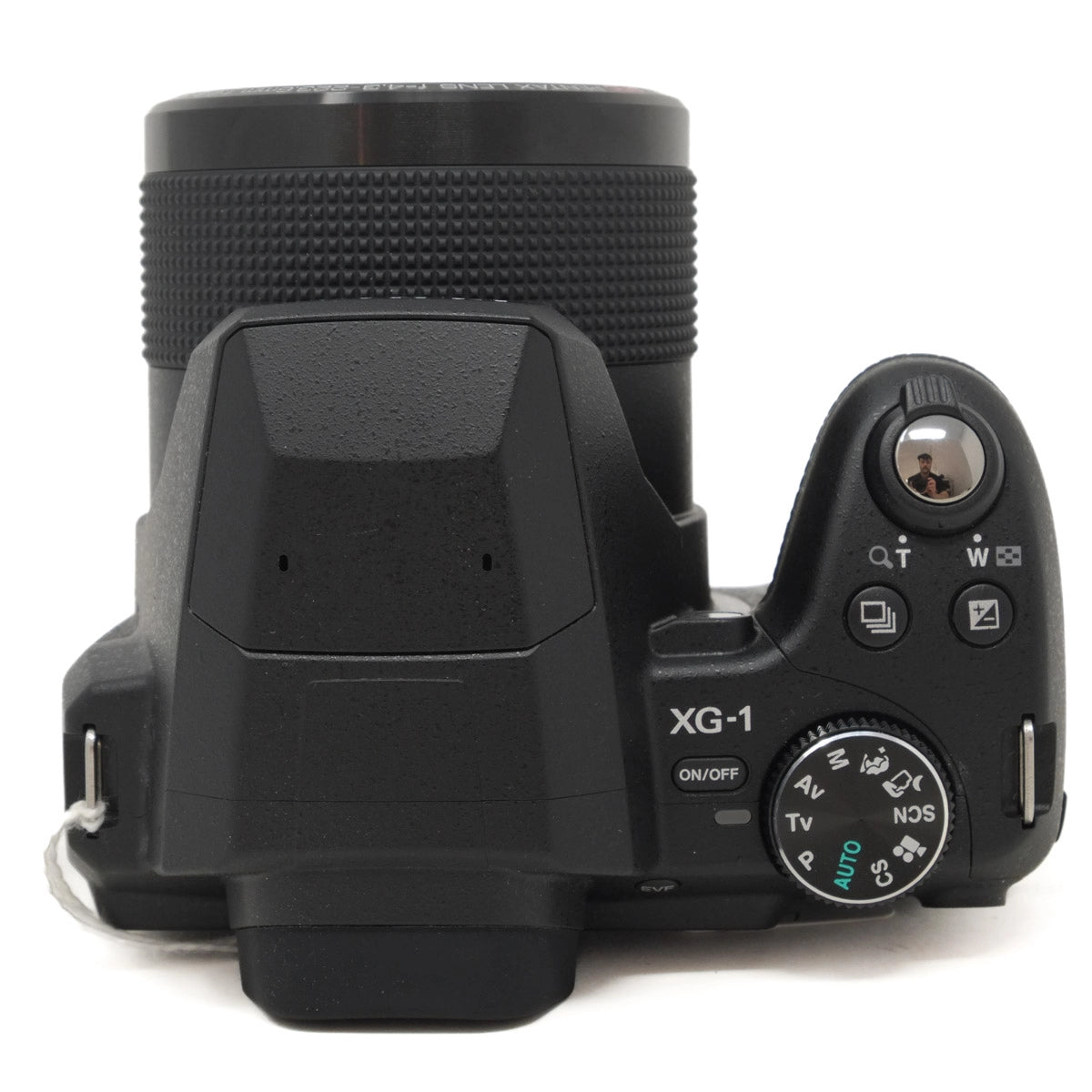 Black camera with lens on a white background