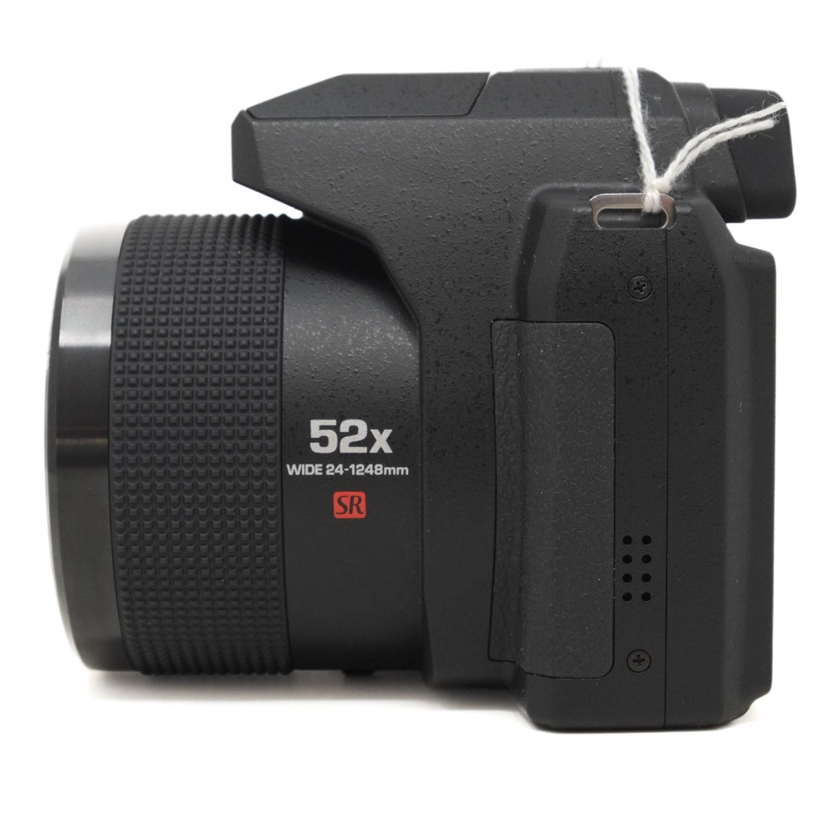 Black digital camera with 52x zoom lens on a white background