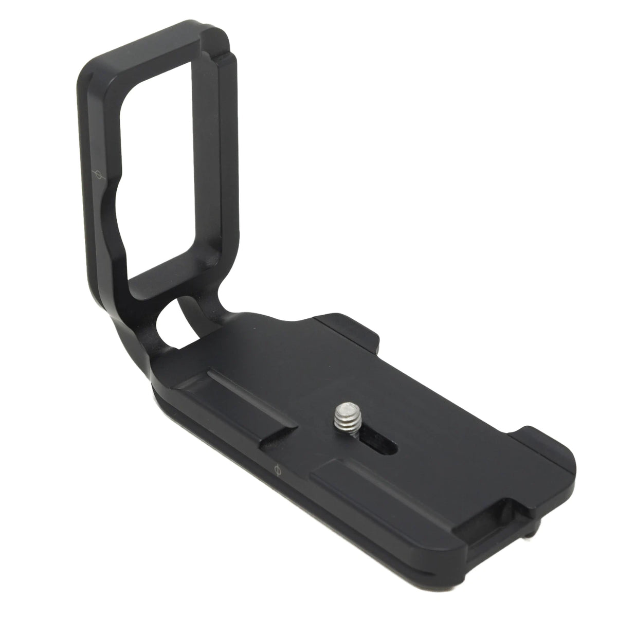 A black metal camera mounting bracket with a quick-release screw, shown on a plain white background.