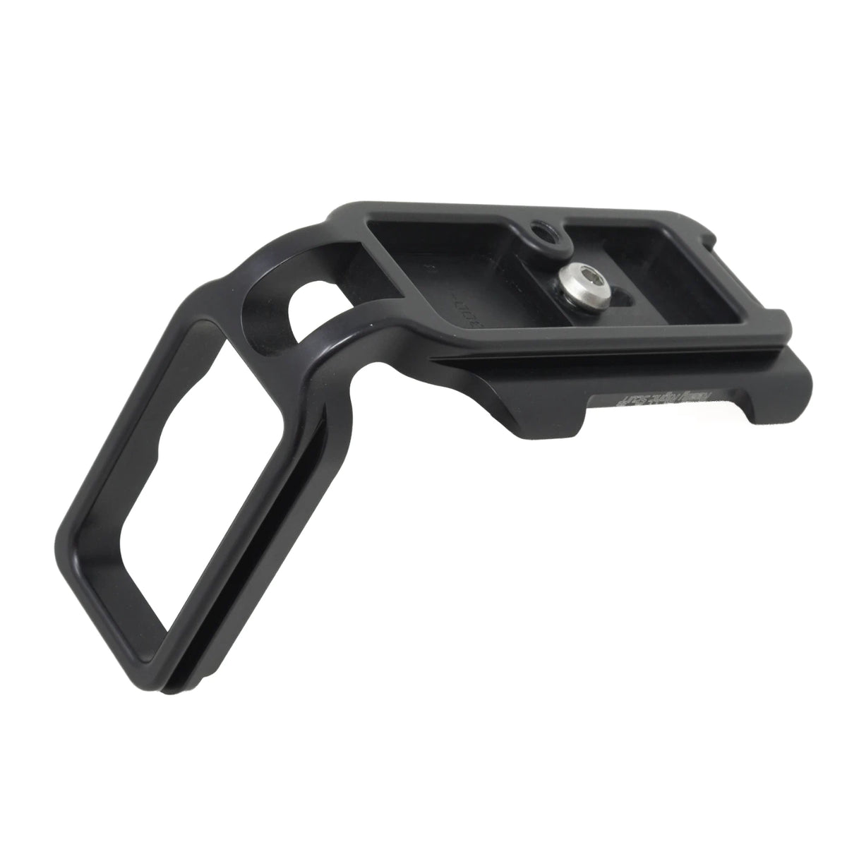 A black metal camera mounting bracket with a quick-release plate and a silver thumb screw, shown on a plain white background.