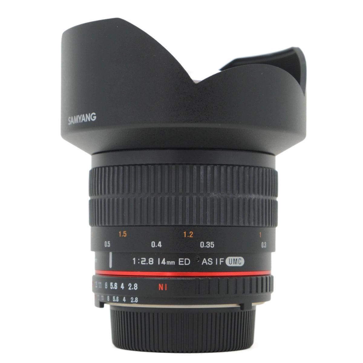 Used Samyang 14mm F2.8 ED AS IF UMC lens in Nikon F mount - side angle