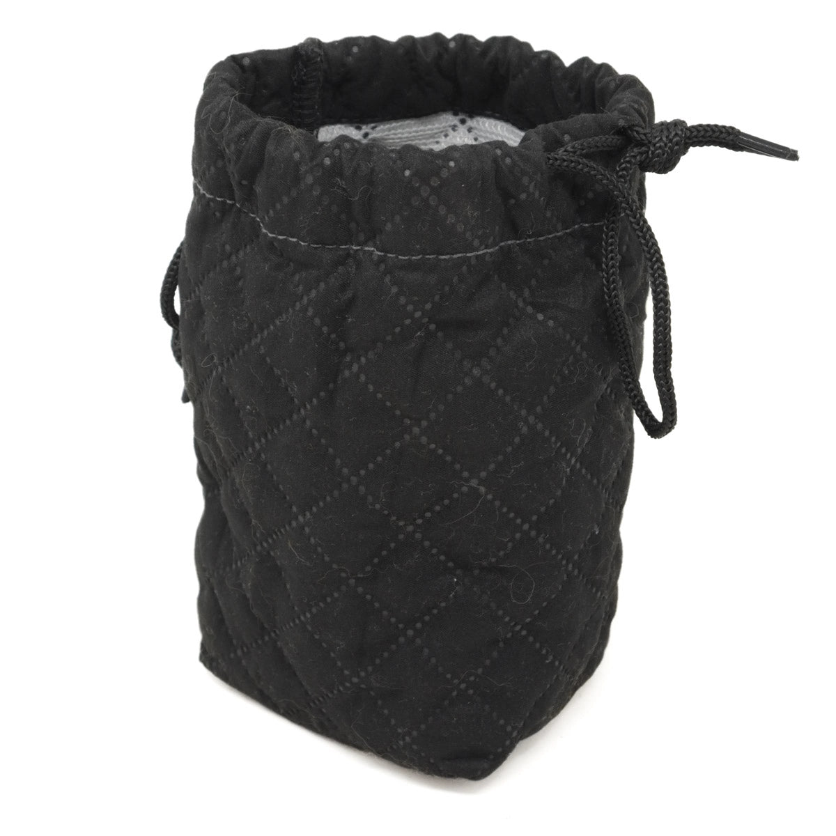 Black quilted drawstring bag on a white background