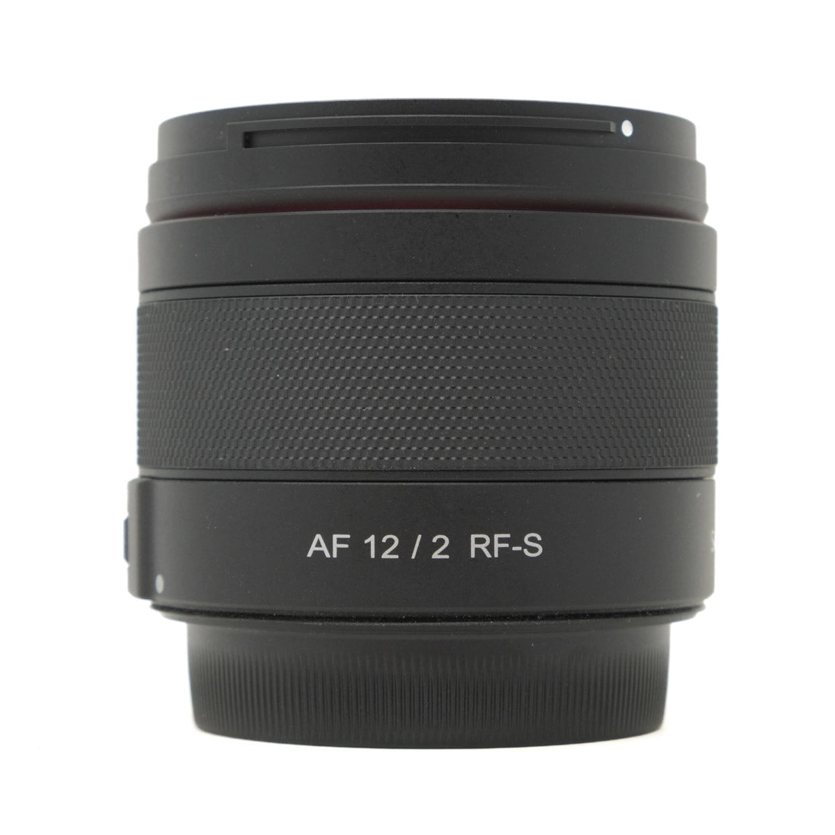 Black camera lens with 'AF 12/2 RF-S' text on a white background