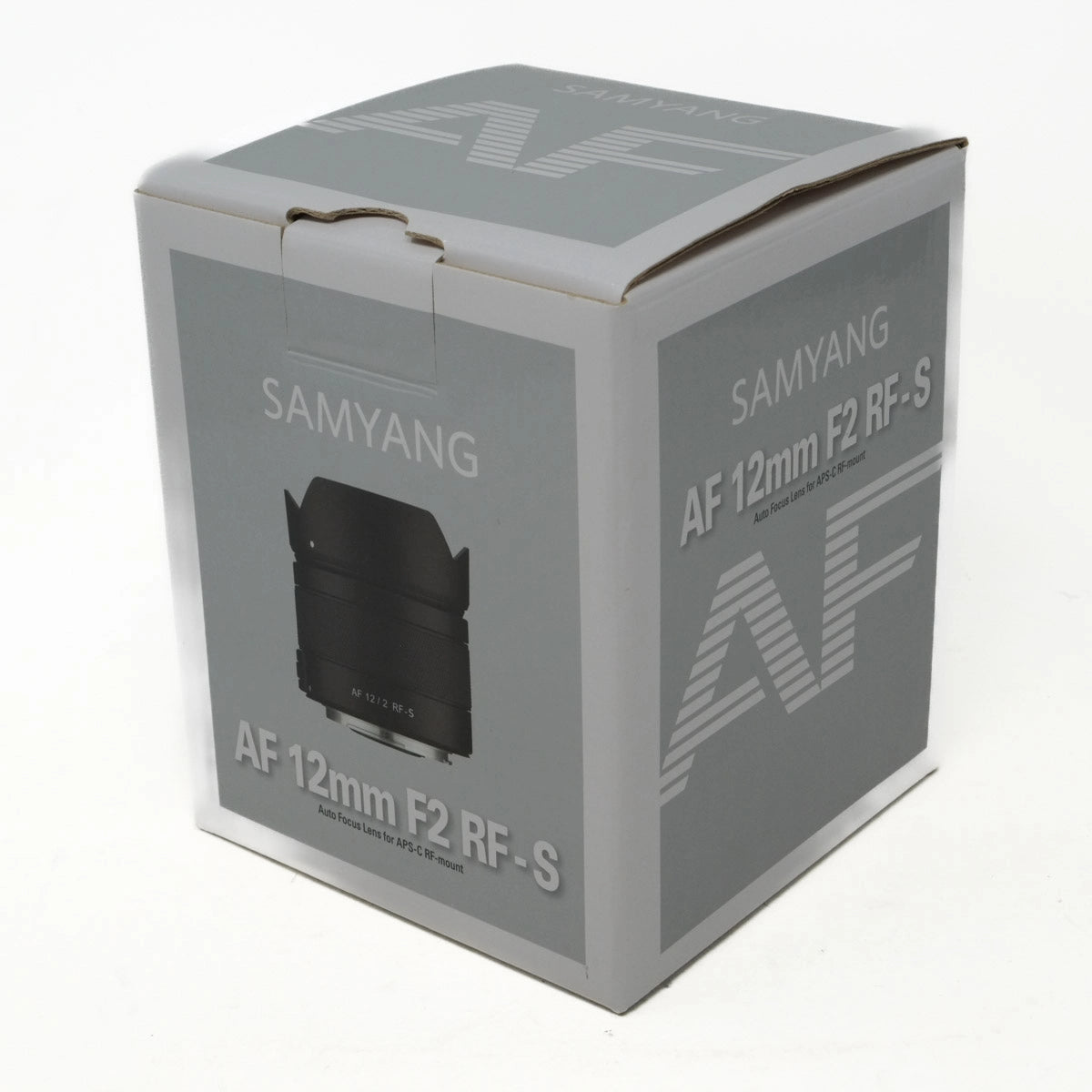 Samyang AF 12mm F2 RF-S camera lens packaging on a white background