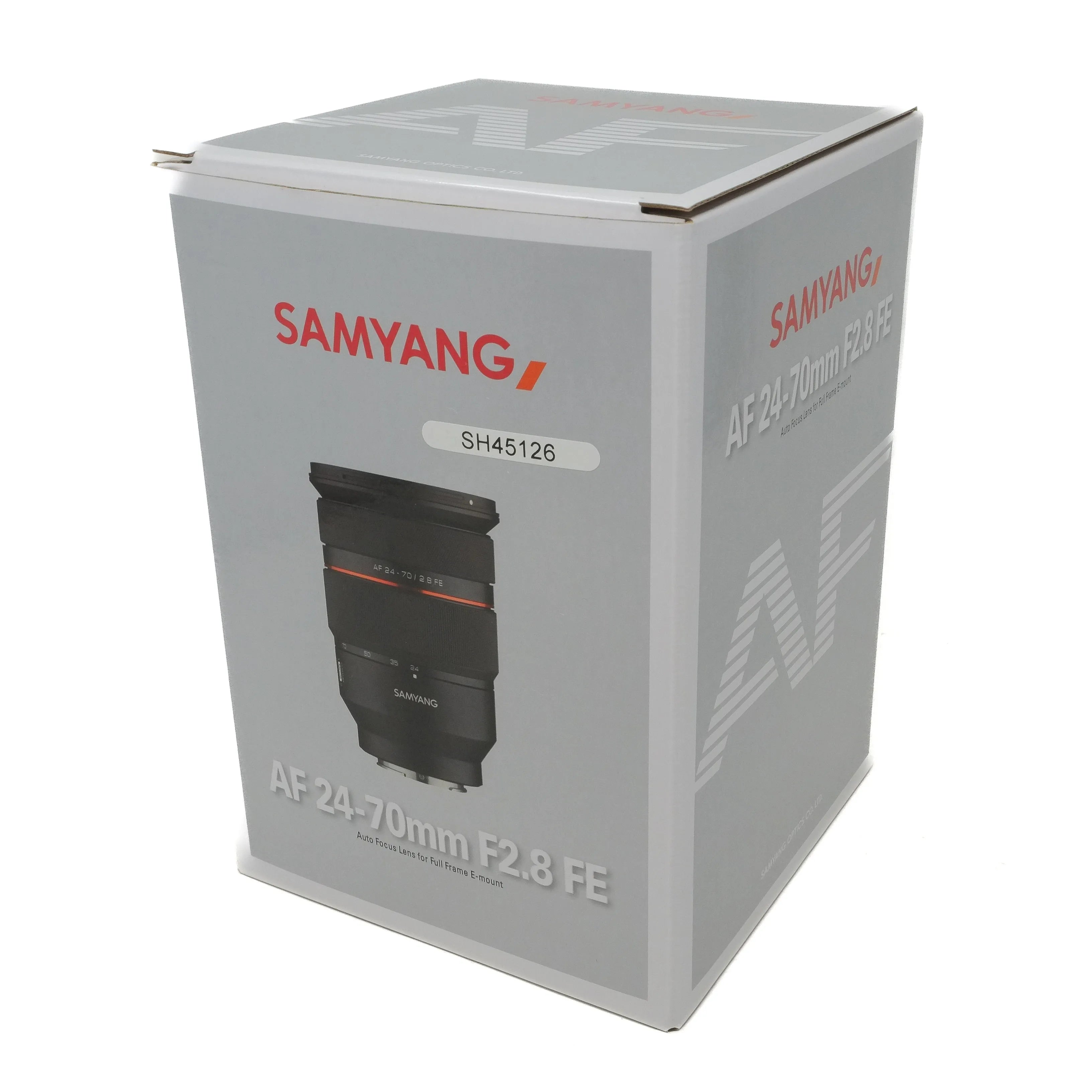 Samyang camera lens packaging box on a white background