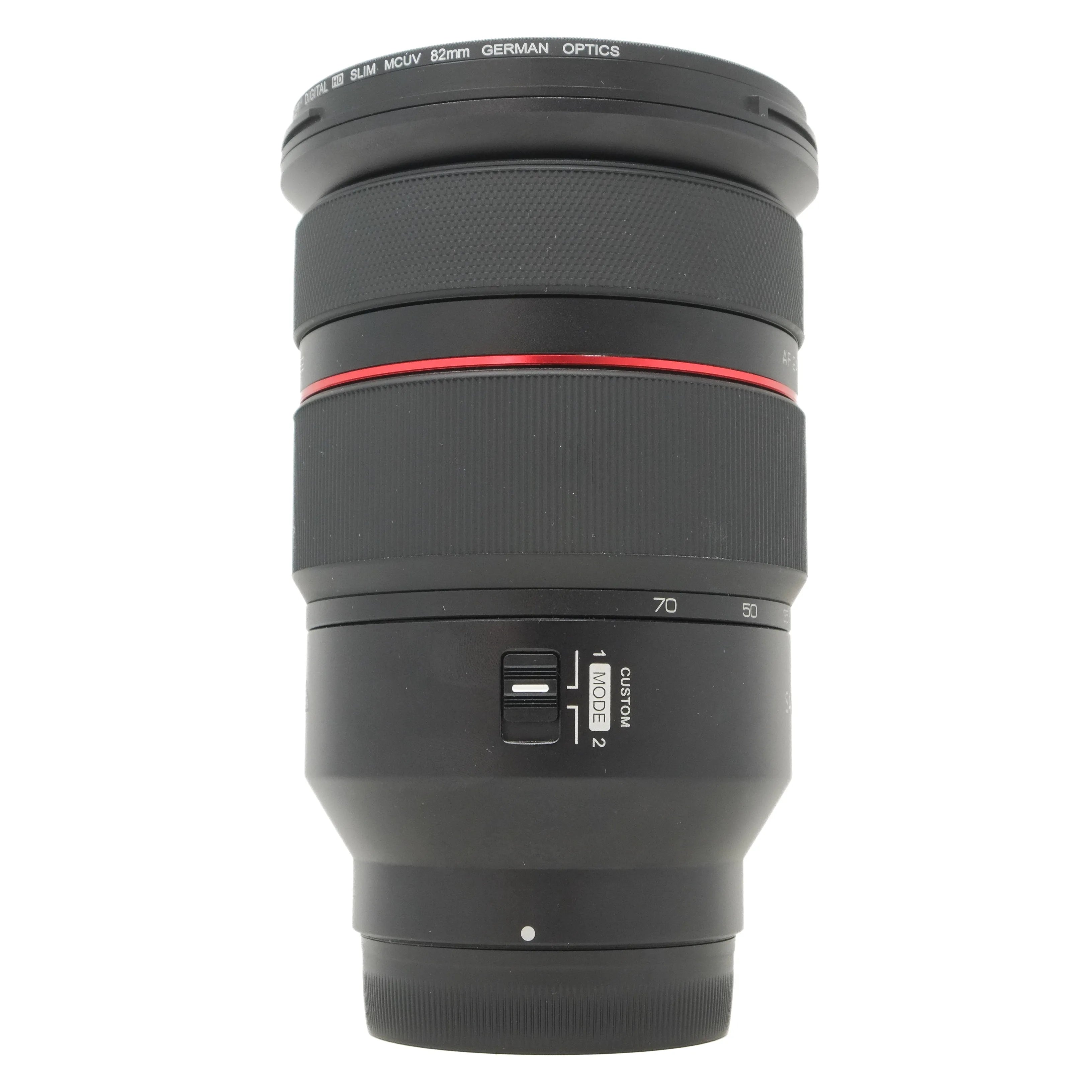 Camera lens with specifications on a white background