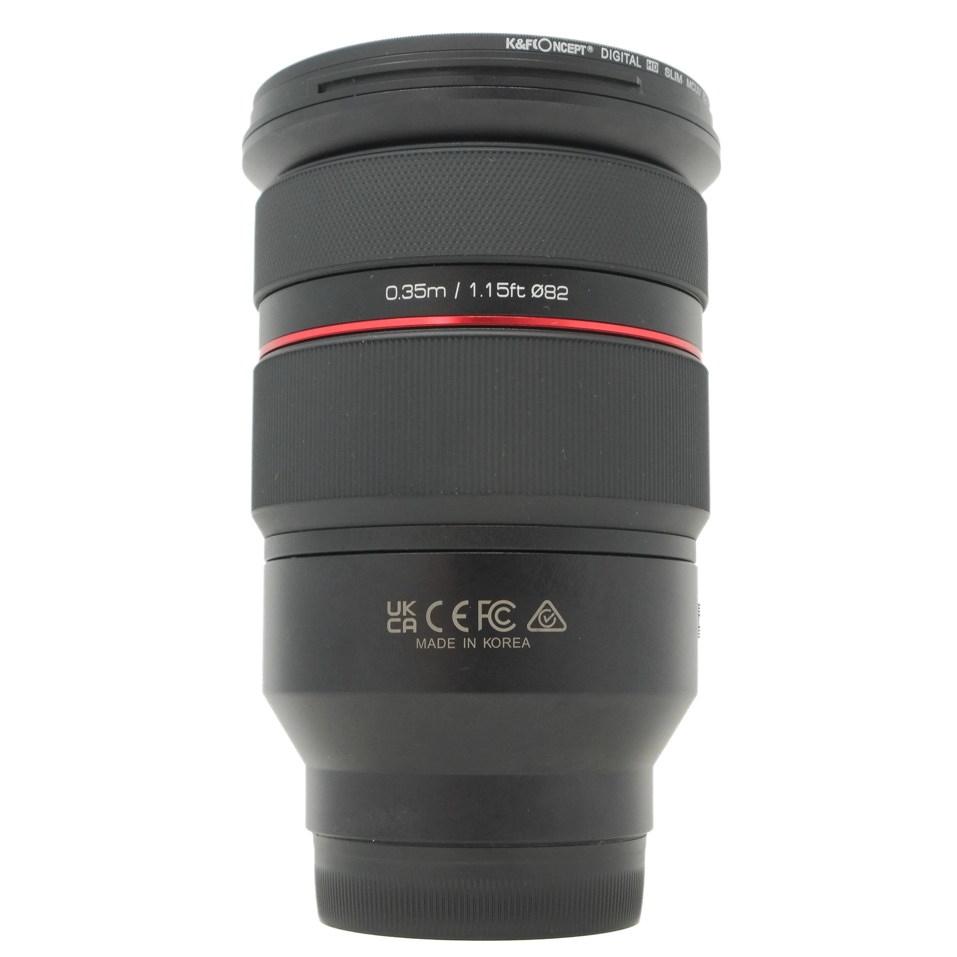 Camera lens with branding and specifications on a white background