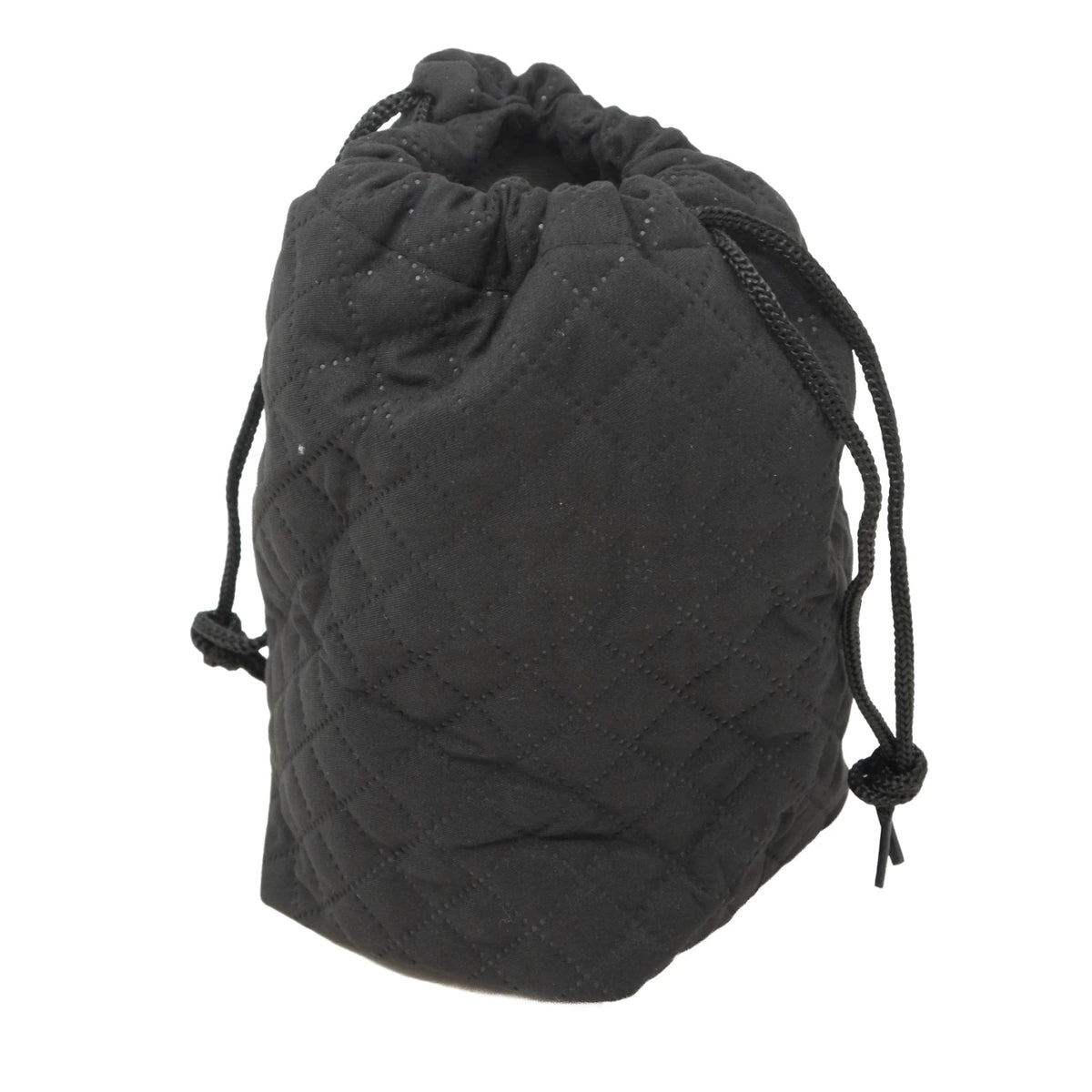 A black quilted drawstring pouch with a diamond-stitched pattern, shown on a plain white background.