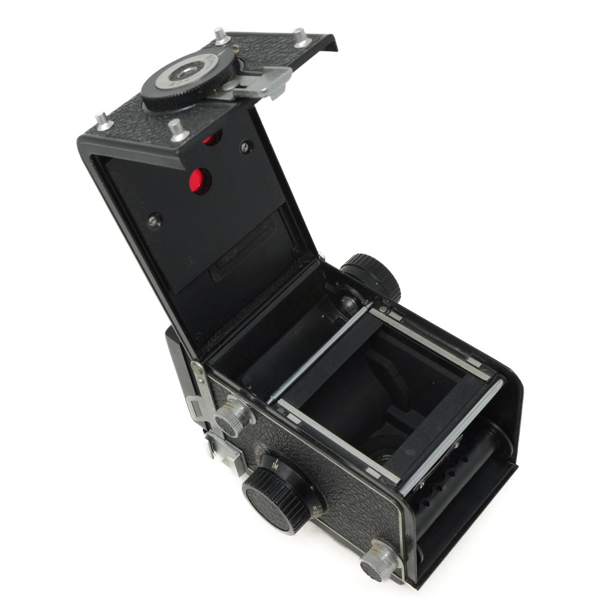 Black camera with open back on a white background