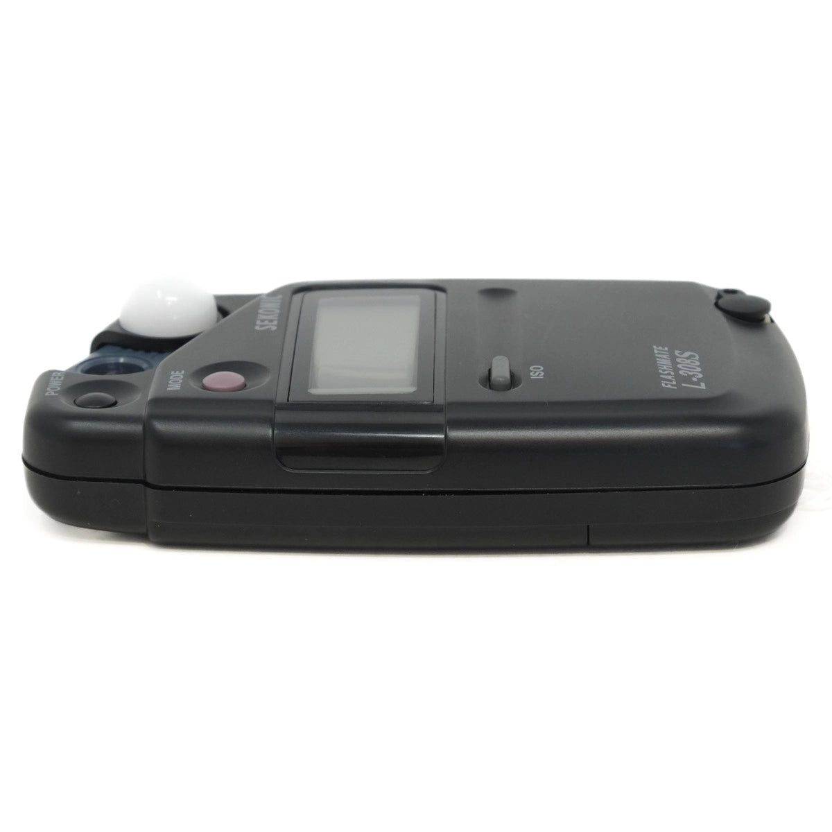 Black electronic device with digital display on a white background