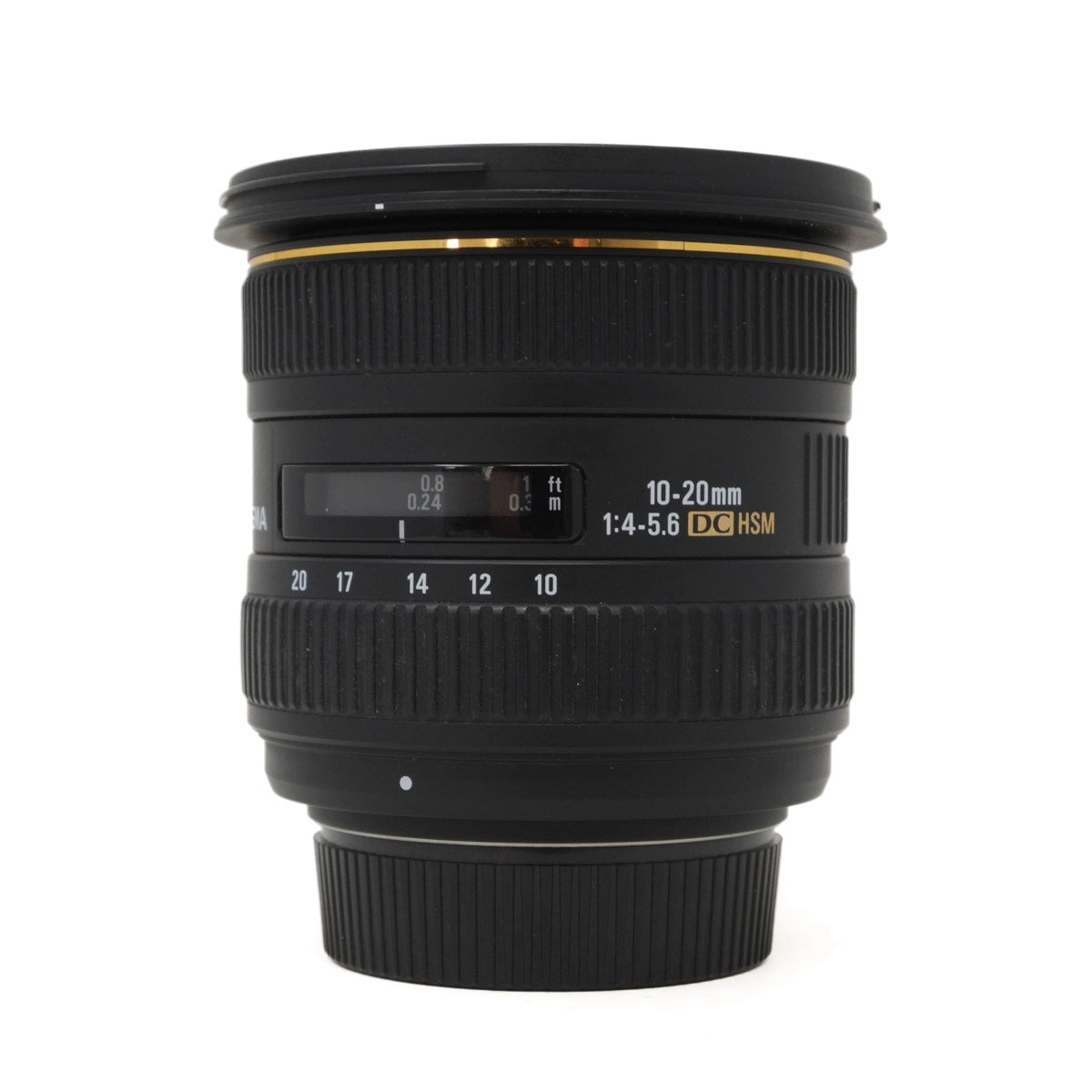 Camera lens with specifications on a white background