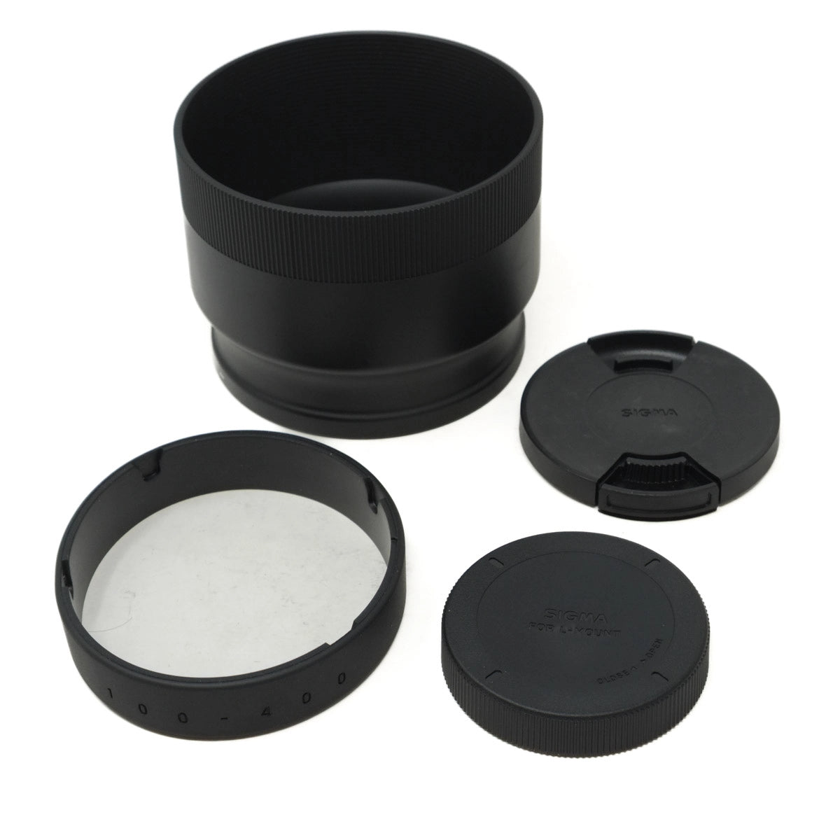 Used Sigma 100-400mm F5-6.3 DG DN lens in L mount - lens hood, both lens caps and tripod foot cover
