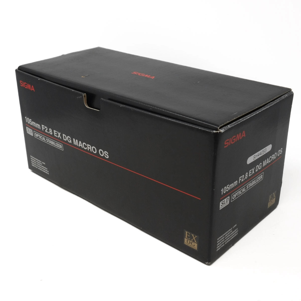 Black camera lens box with Sigma branding on a white background