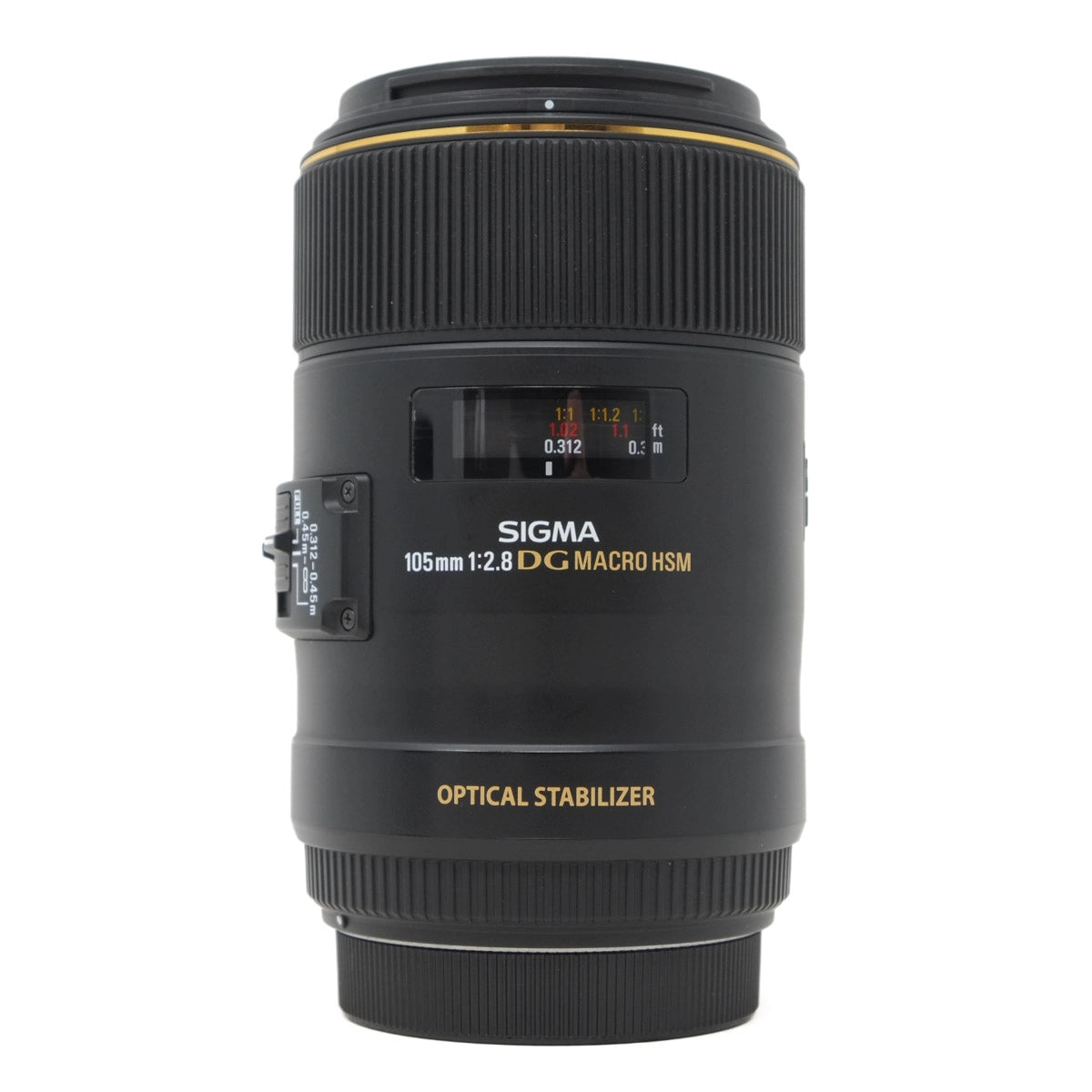 Sigma camera lens with black and gold details on a white background