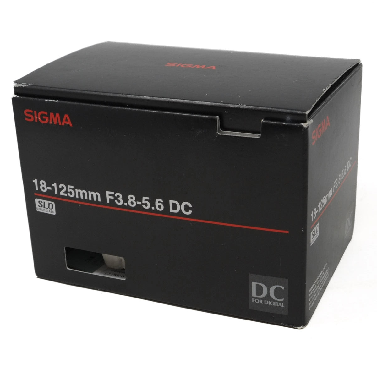 Black box with Sigma branding and camera lens specifications on a white background