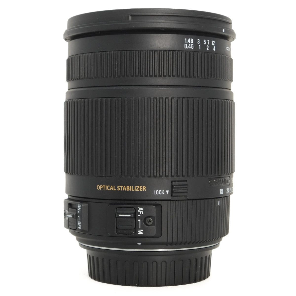 Used Sigma 18-250mm F3.5-6.3 DC OS HSM lens in Canon EF-S fitting - side angle