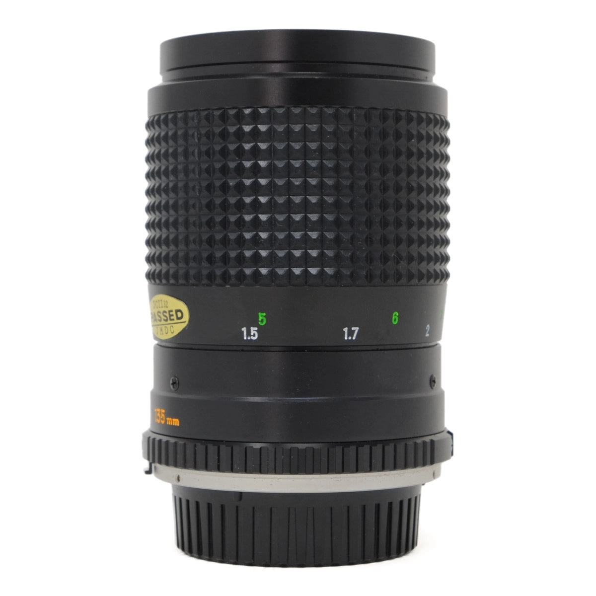 Camera lens with focus scale on a white background