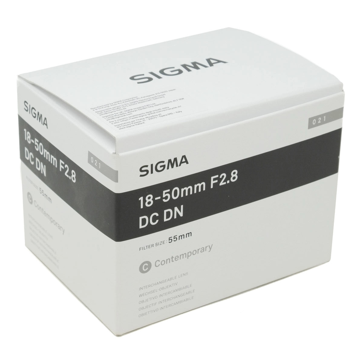 Sigma camera lens box with specifications on a white background