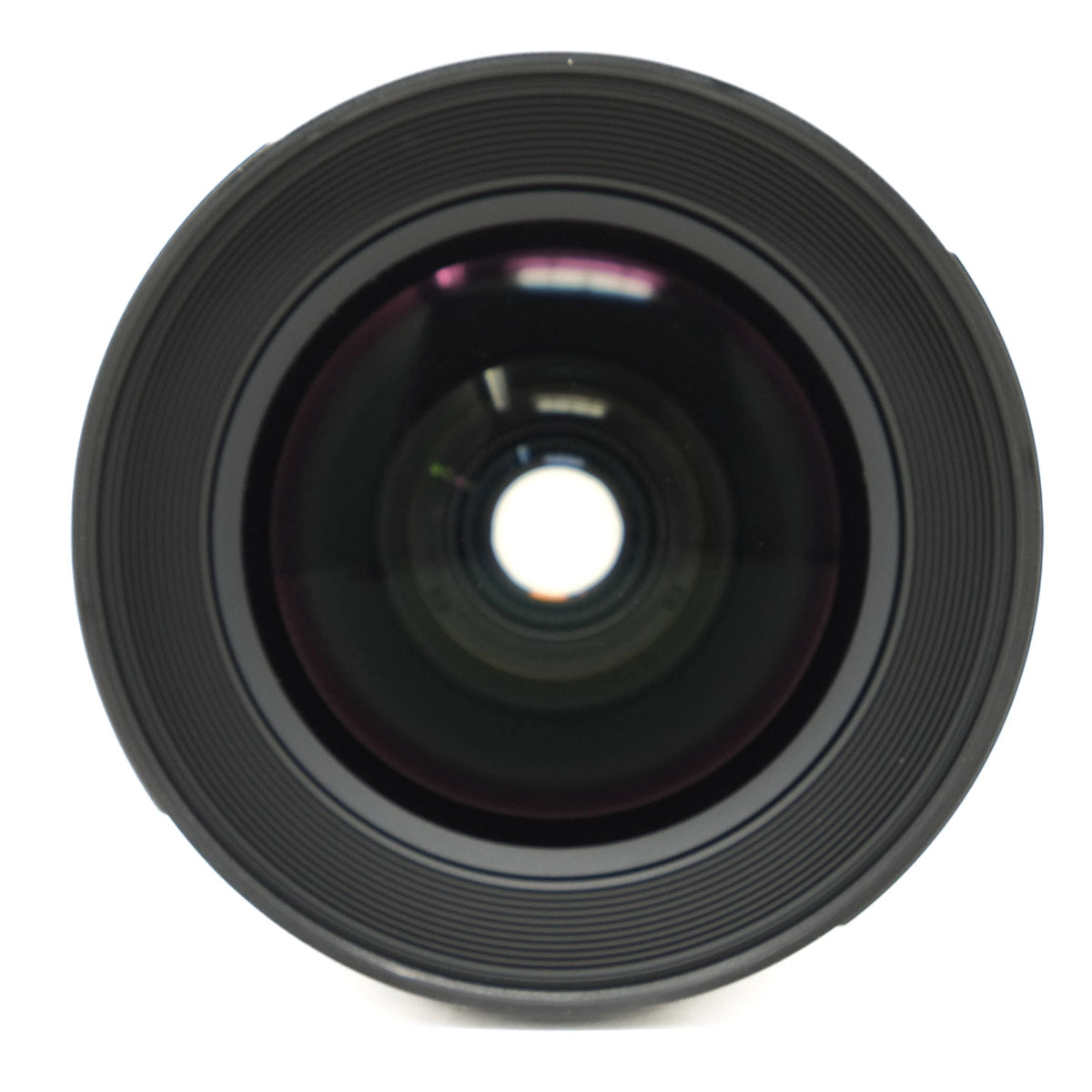 Black camera lens on a white background