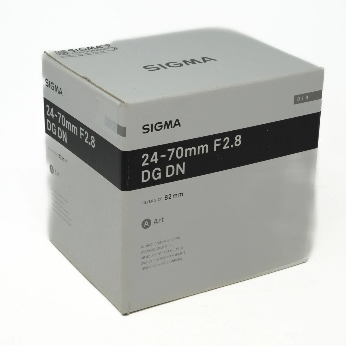Sigma camera lens box with specifications on a white background