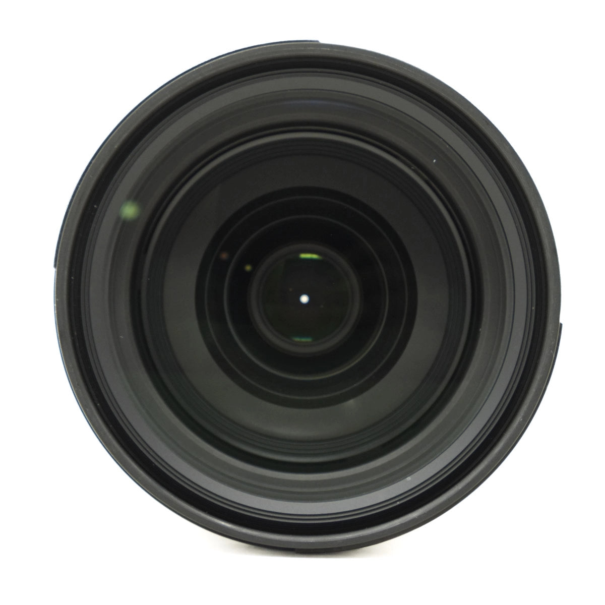Black camera lens on a white background