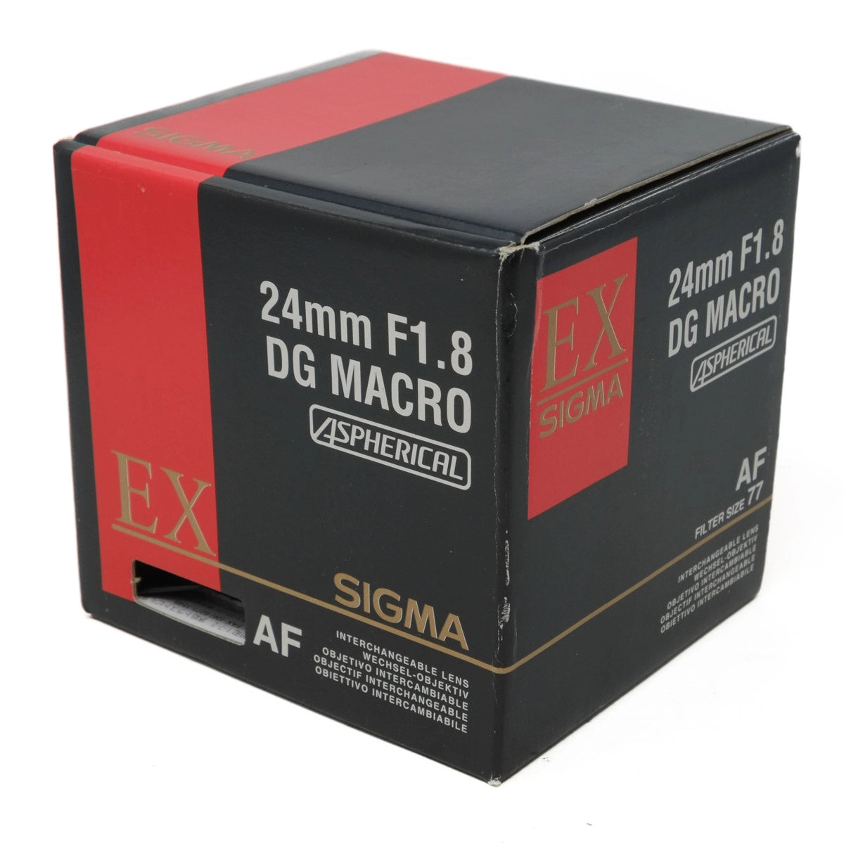 Sigma EX lens packaging box with red and black design on a white background