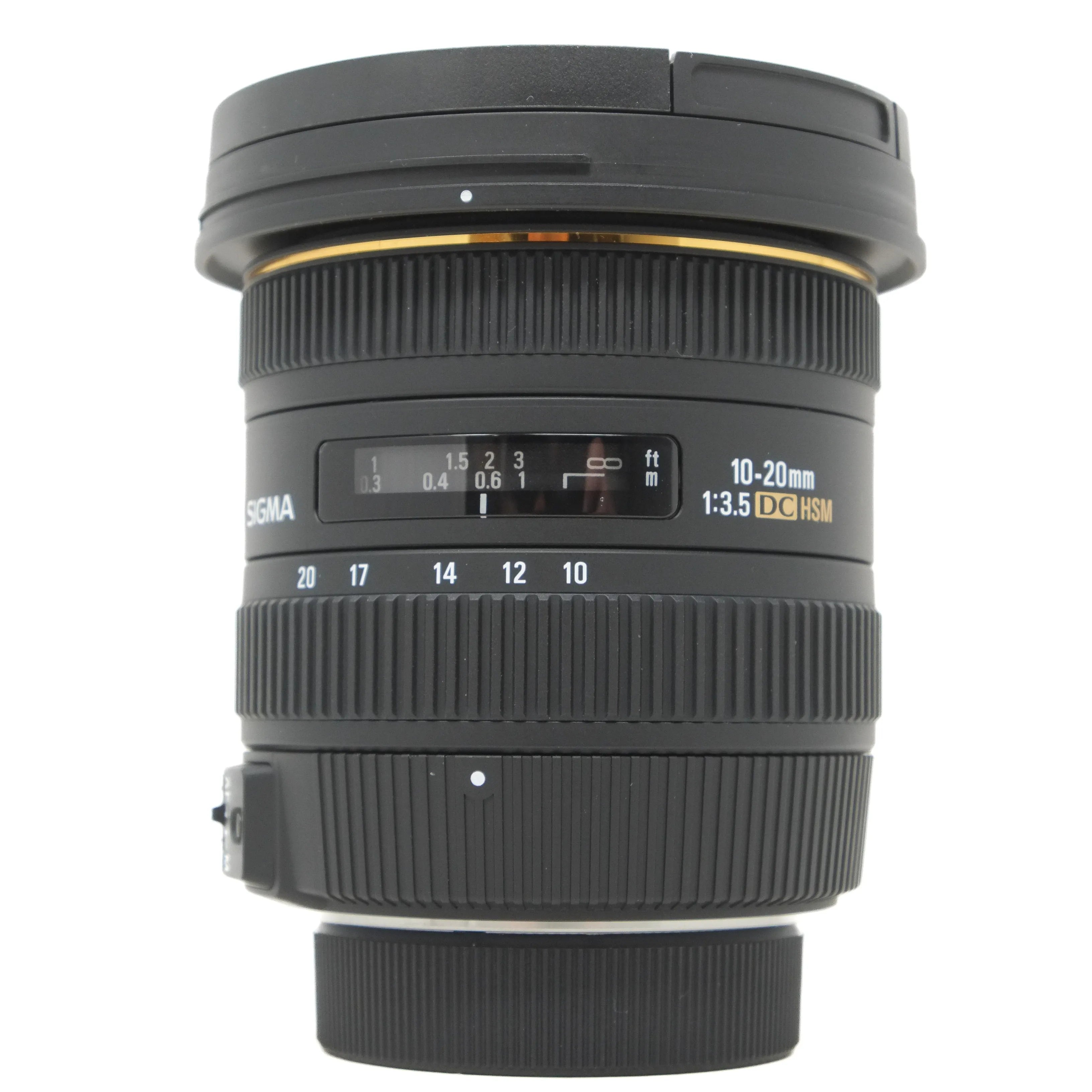 Camera lens with brand name on a white background