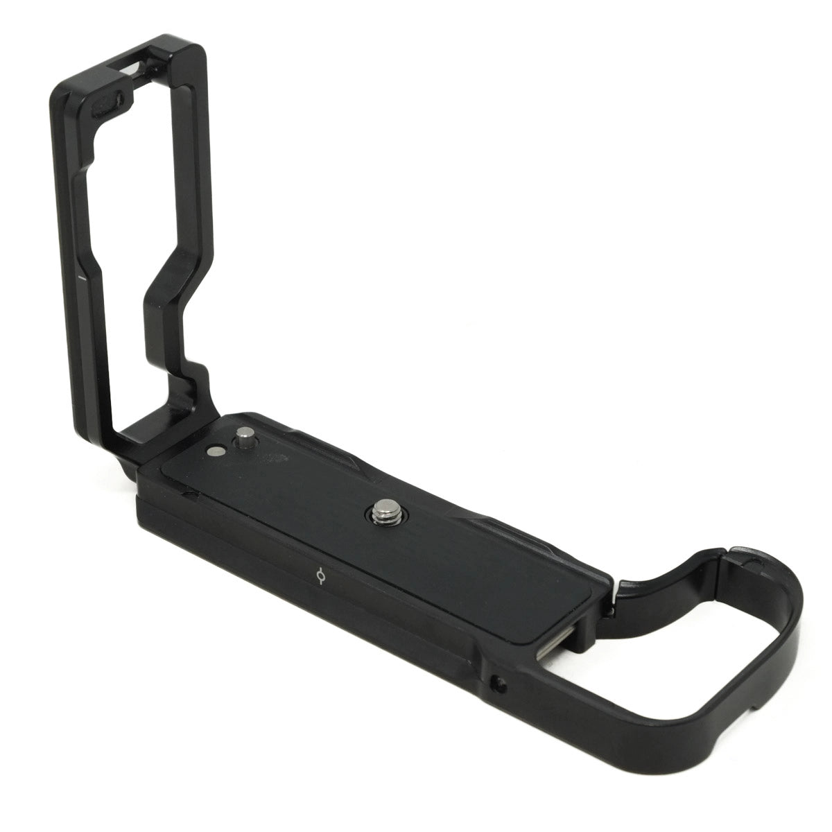 Black camera accessory on a white background