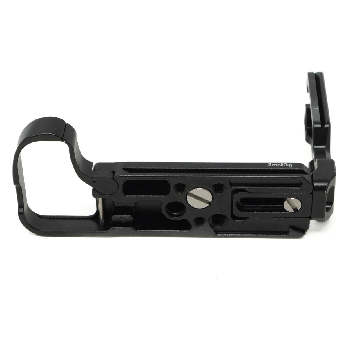 Black camera accessory on a white background