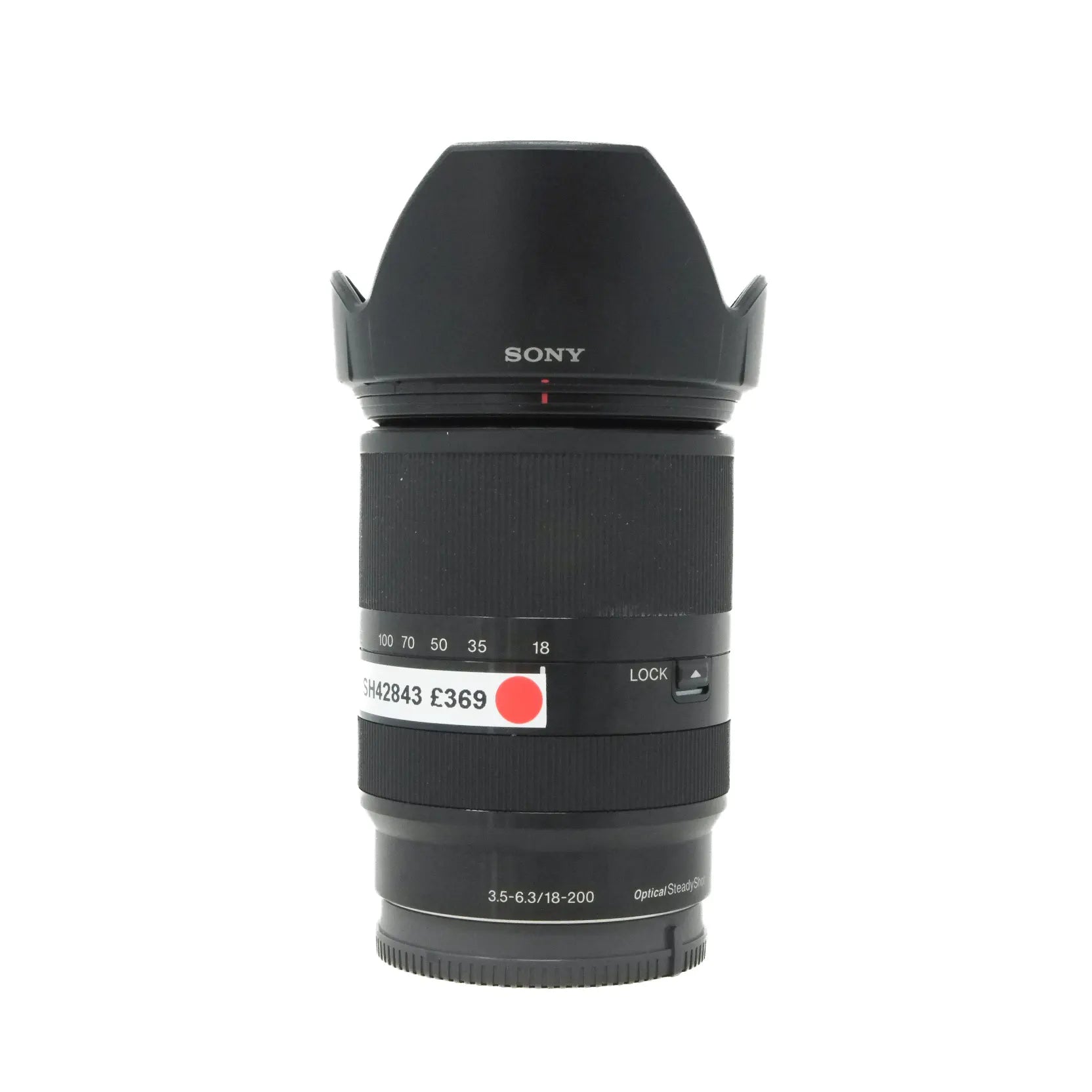 Used Sony 18-200mm f3.5-6.3 OSS LE Lens front with hood
