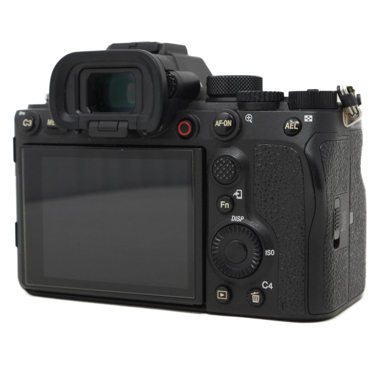 Black camera body with control buttons on a white background