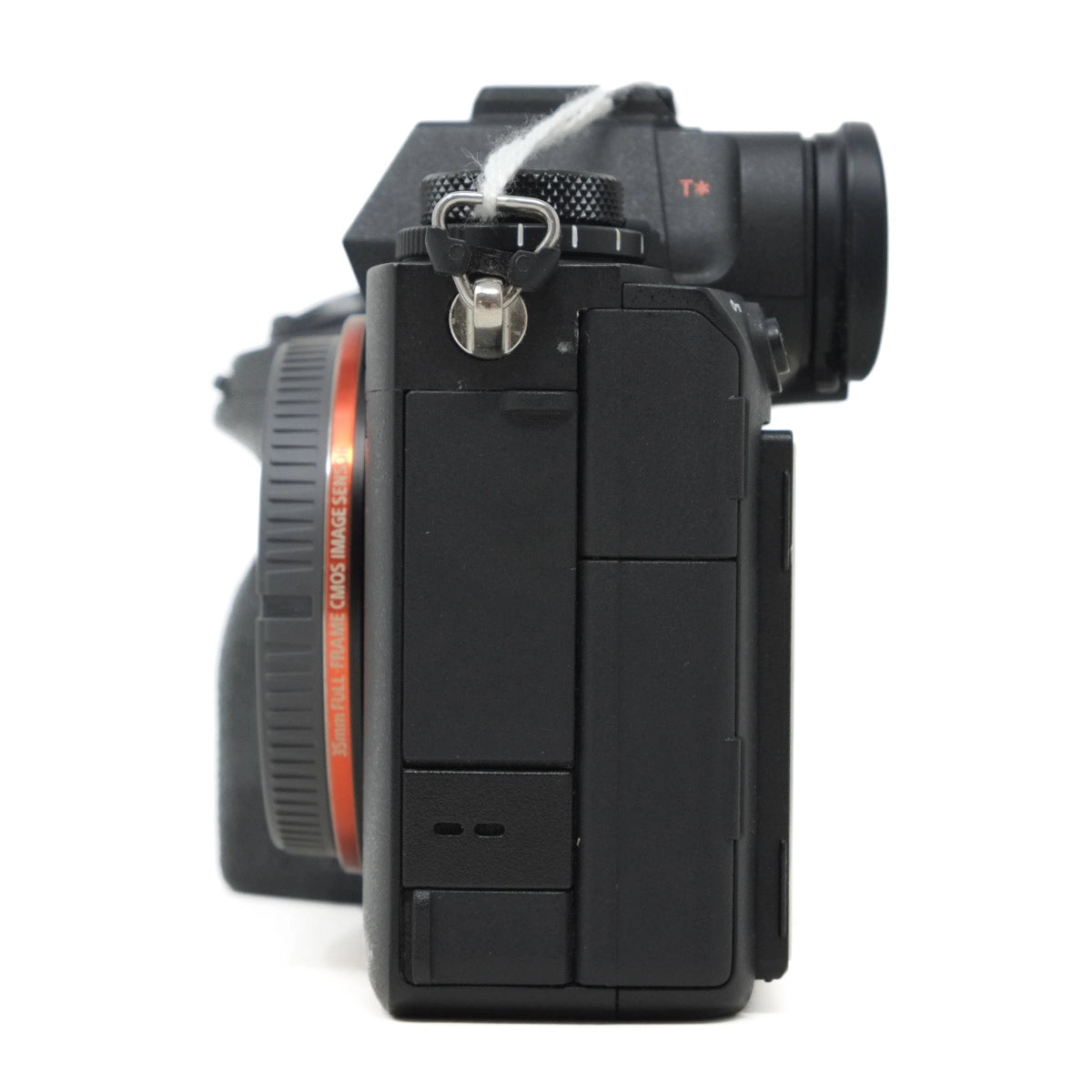 Black camera body on a white background