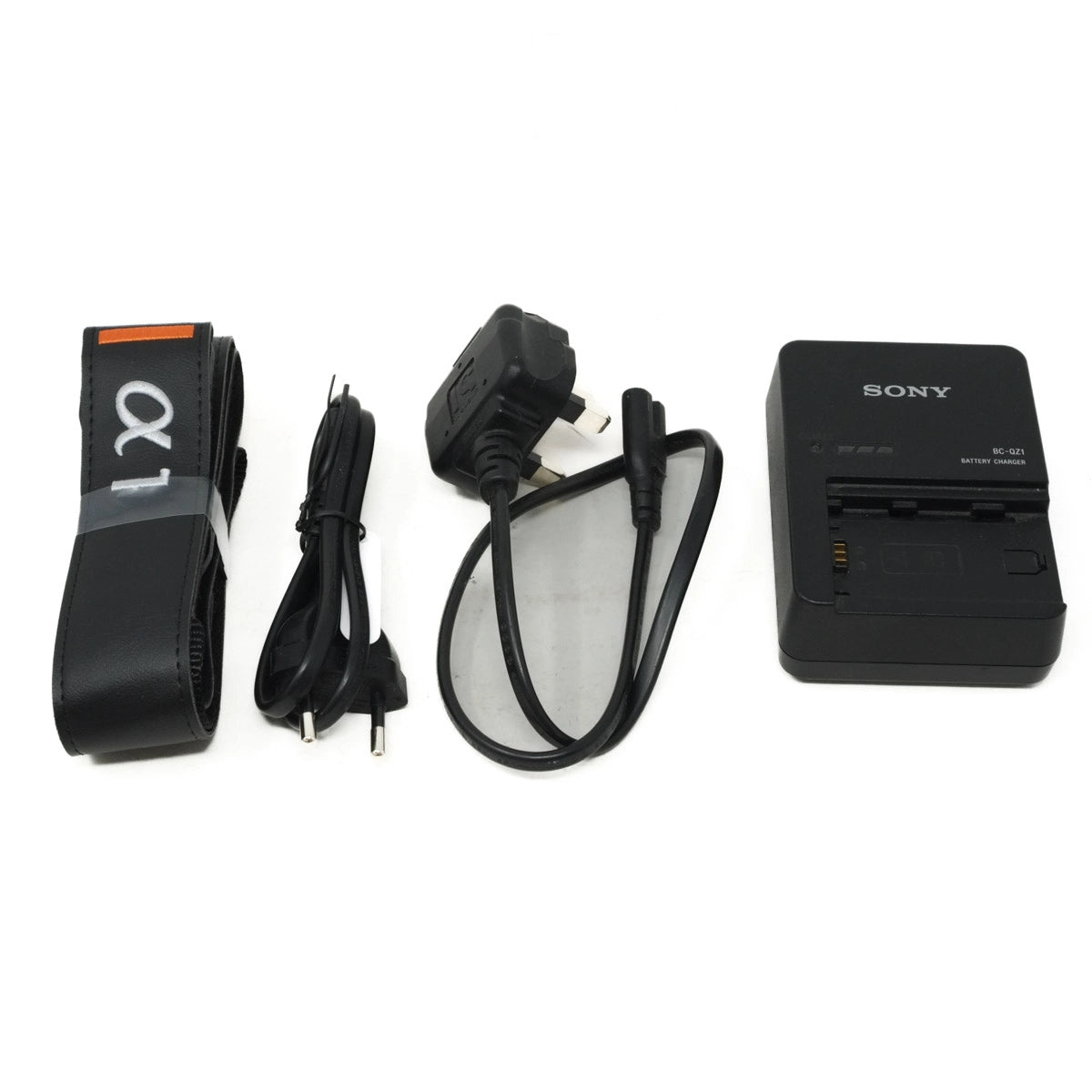 Collection of camera accessories including a strap, cable, and battery charger on a white background