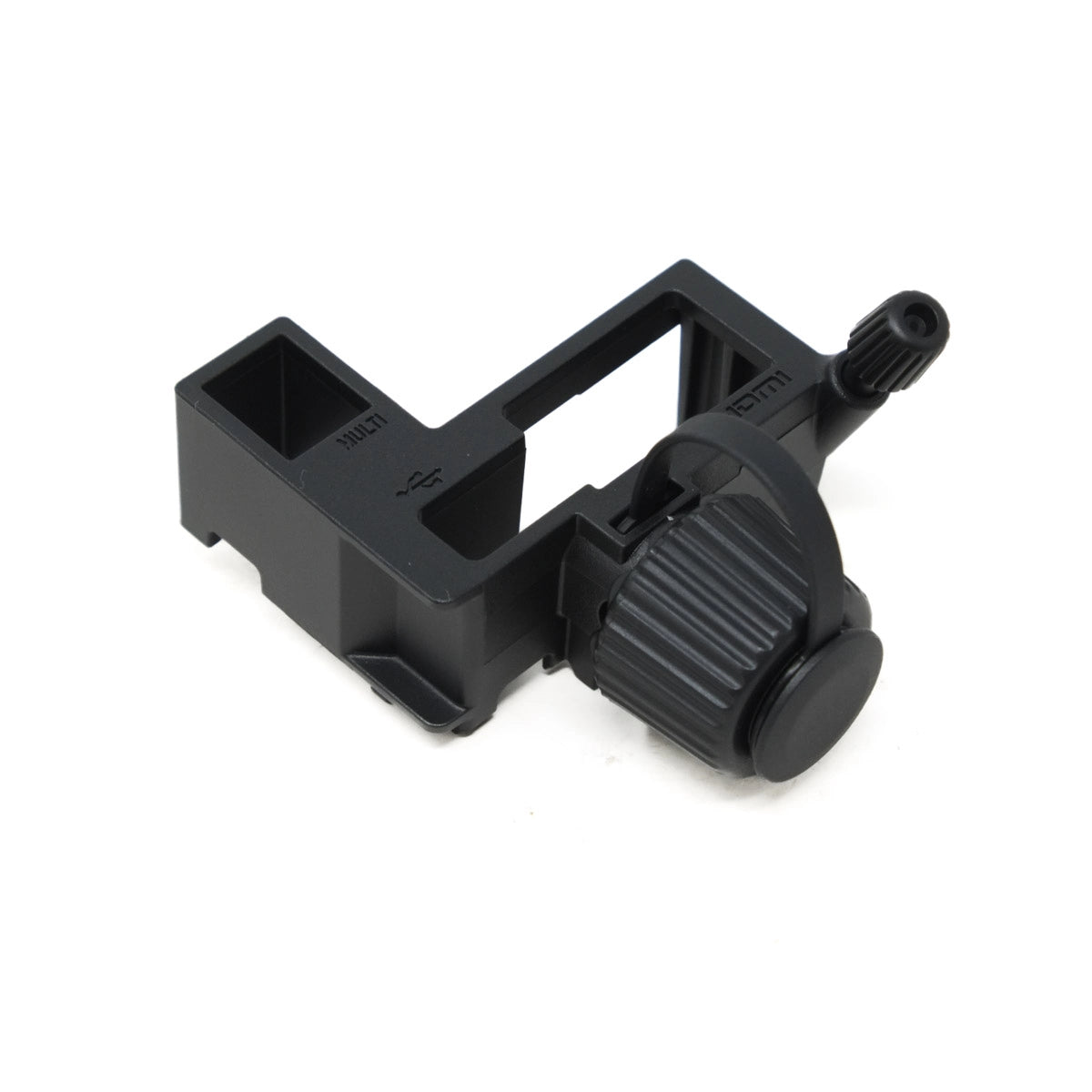 Black plastic component on a white background