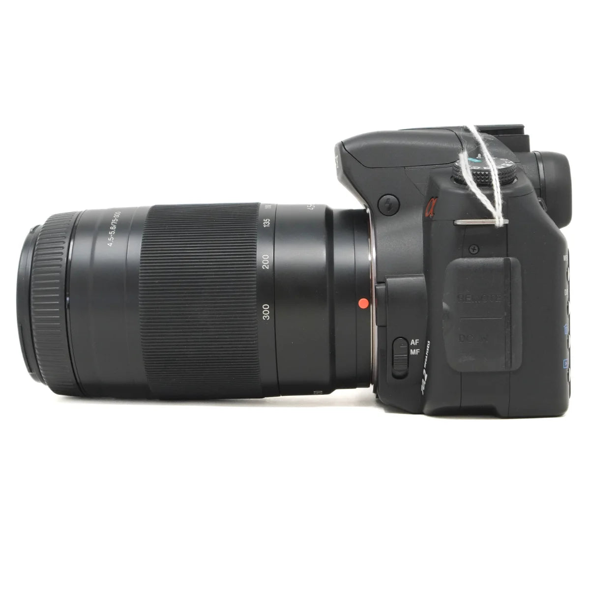 Used Sony A200 DSLR + Sony 75-300mm F4.5-5.6 lens - side angle