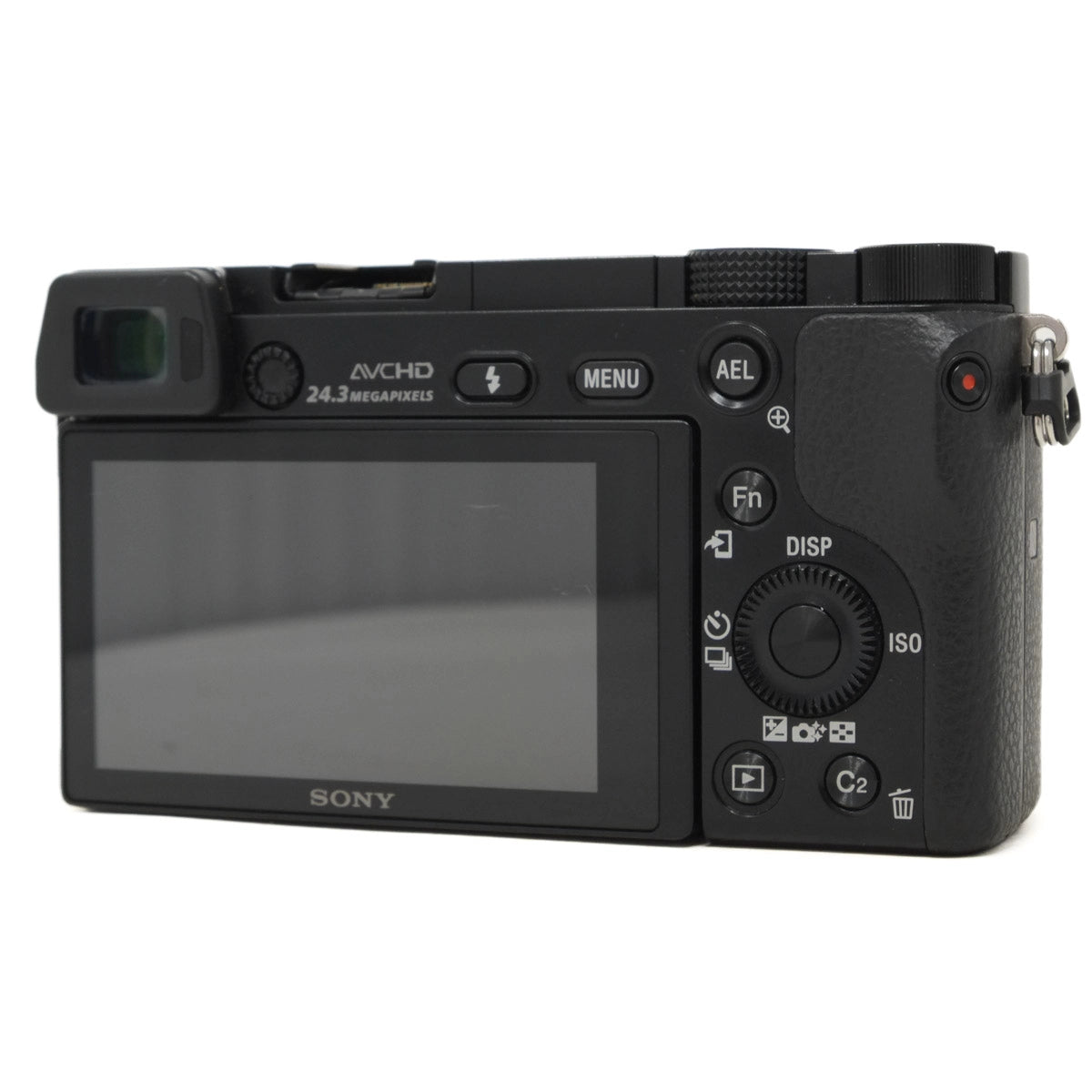 Back view of a black Sony camera on a white background