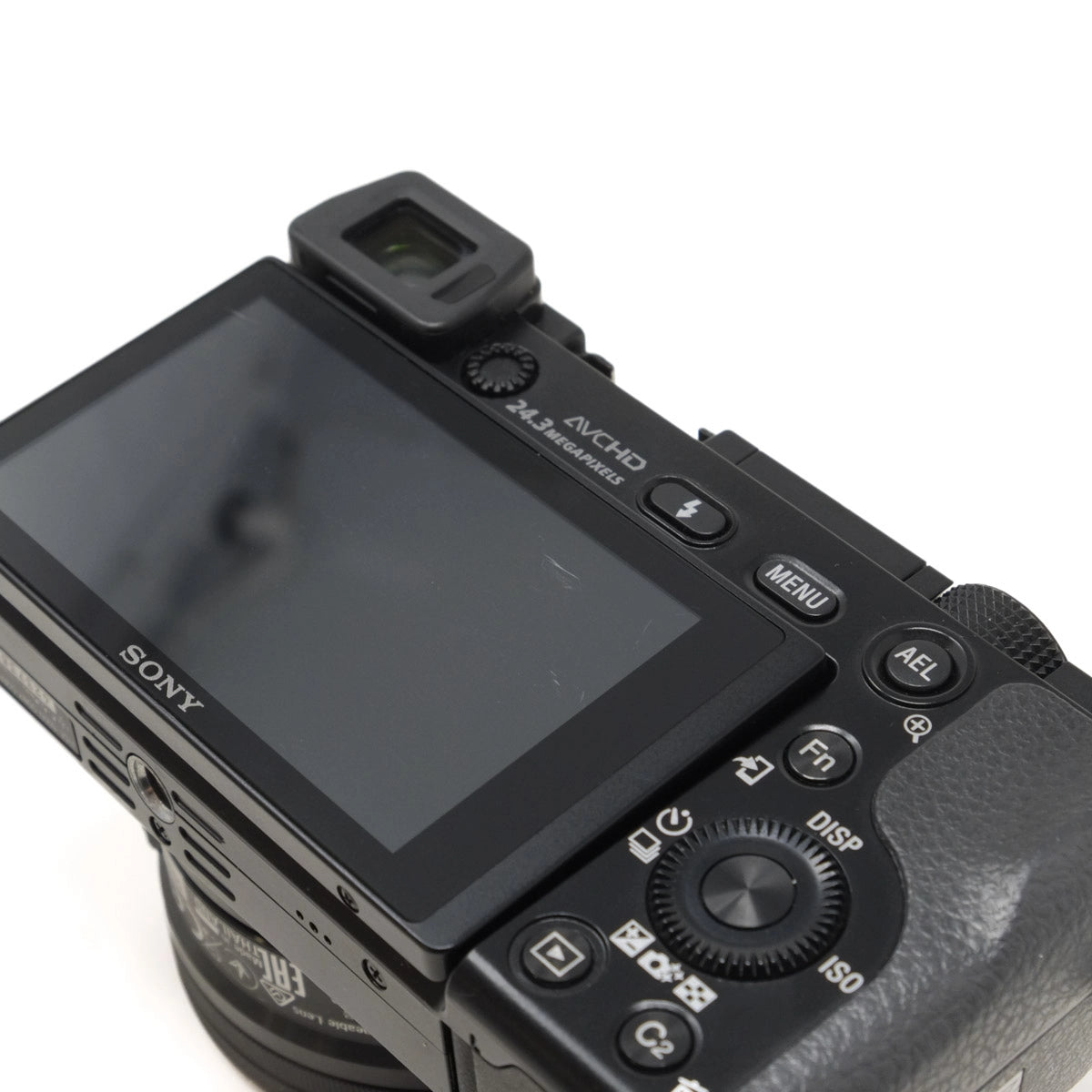 Sony camera with screen and control buttons on a white background