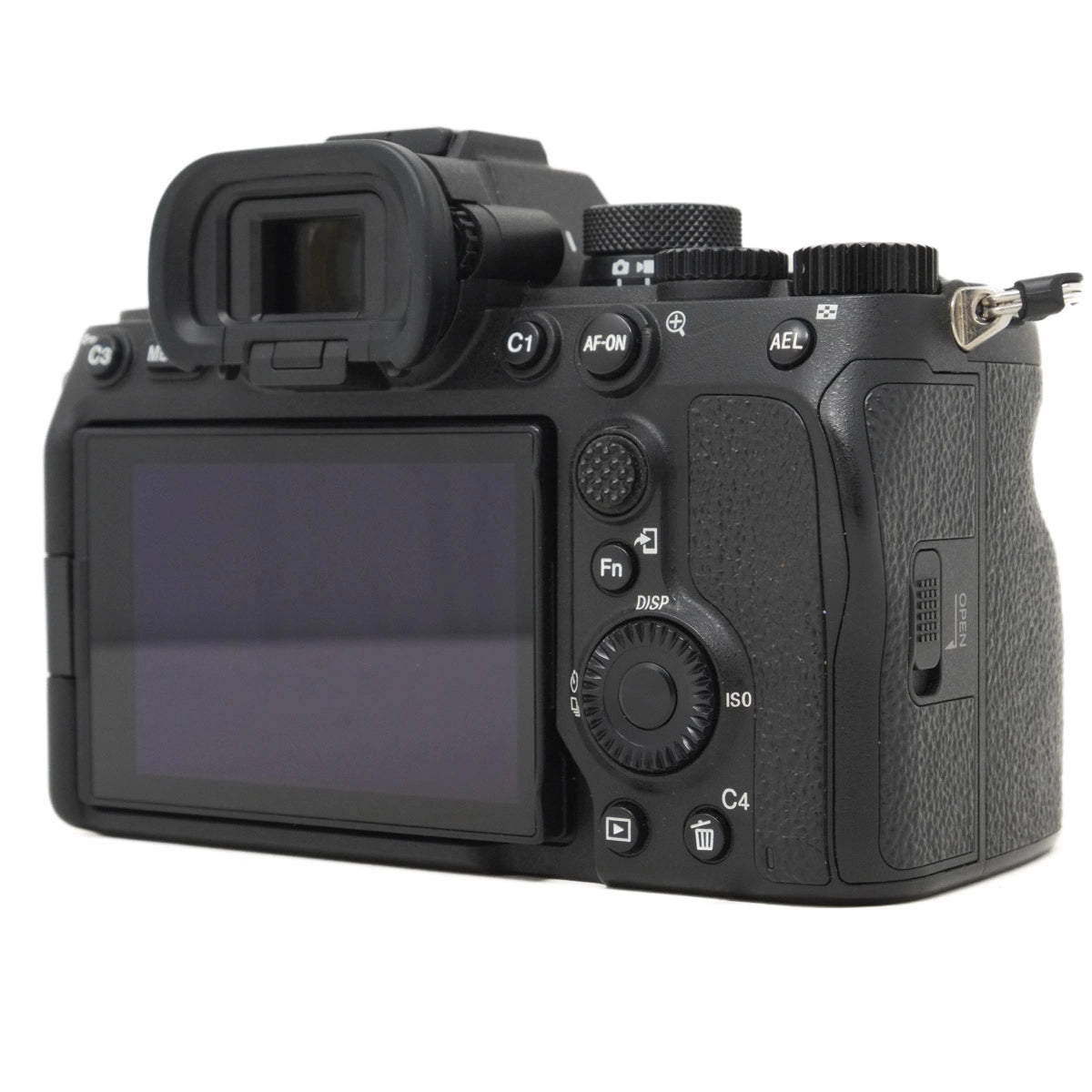 Back view of a black camera on a white background