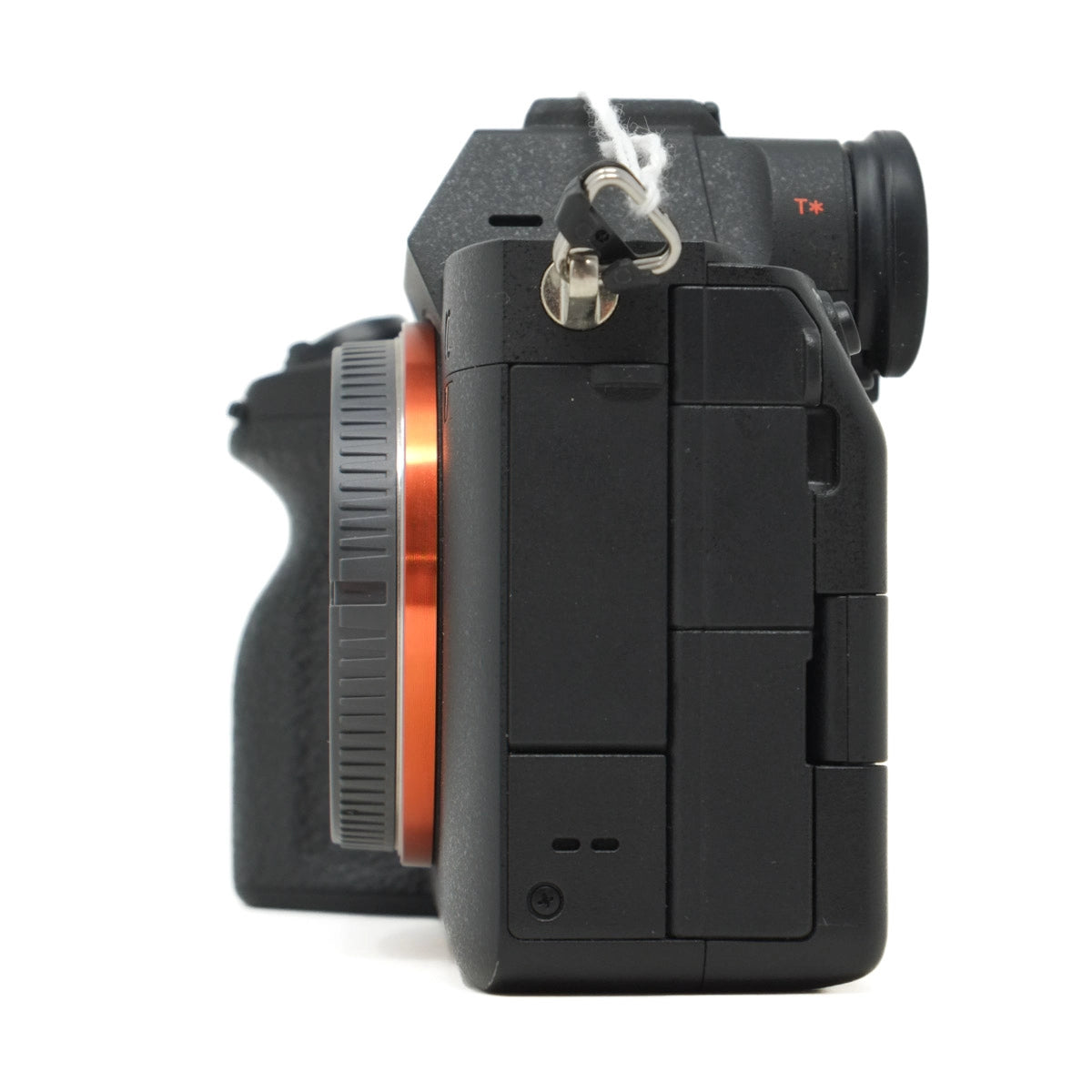 Camera body with body cap attached on a white background