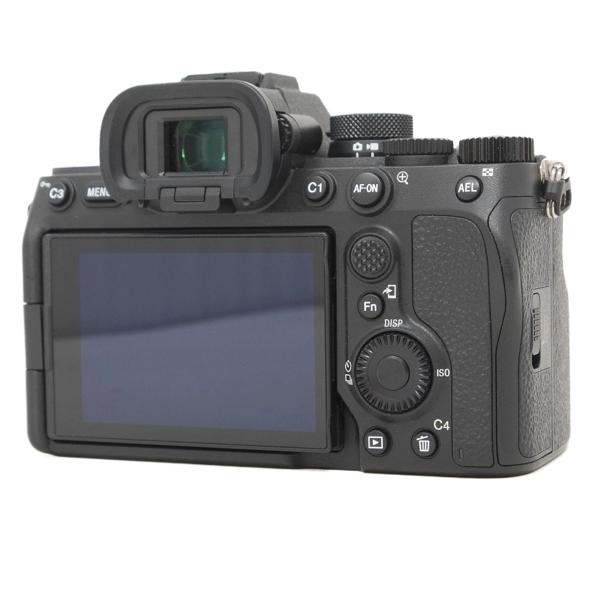 Back view of a black camera on a white background