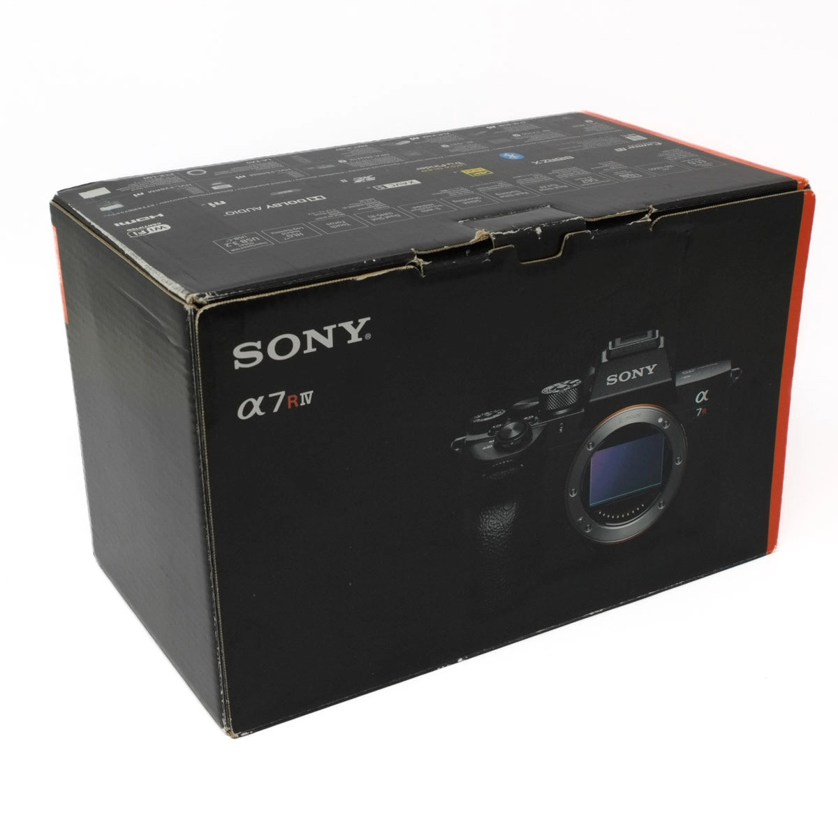 Sony camera packaging box with camera illustration on a white background