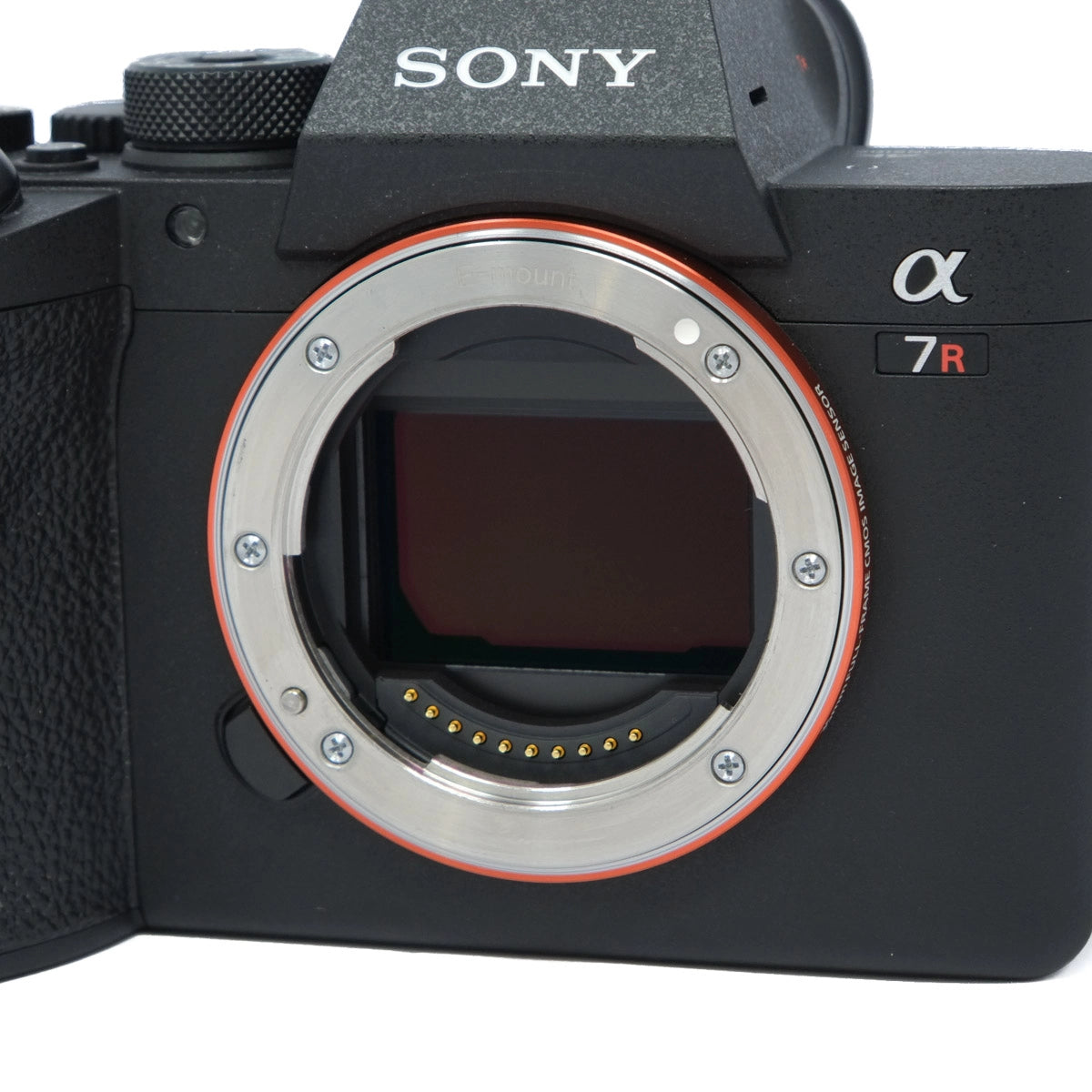 Sony camera body with 'alpha' and model number '7R' on a white background
